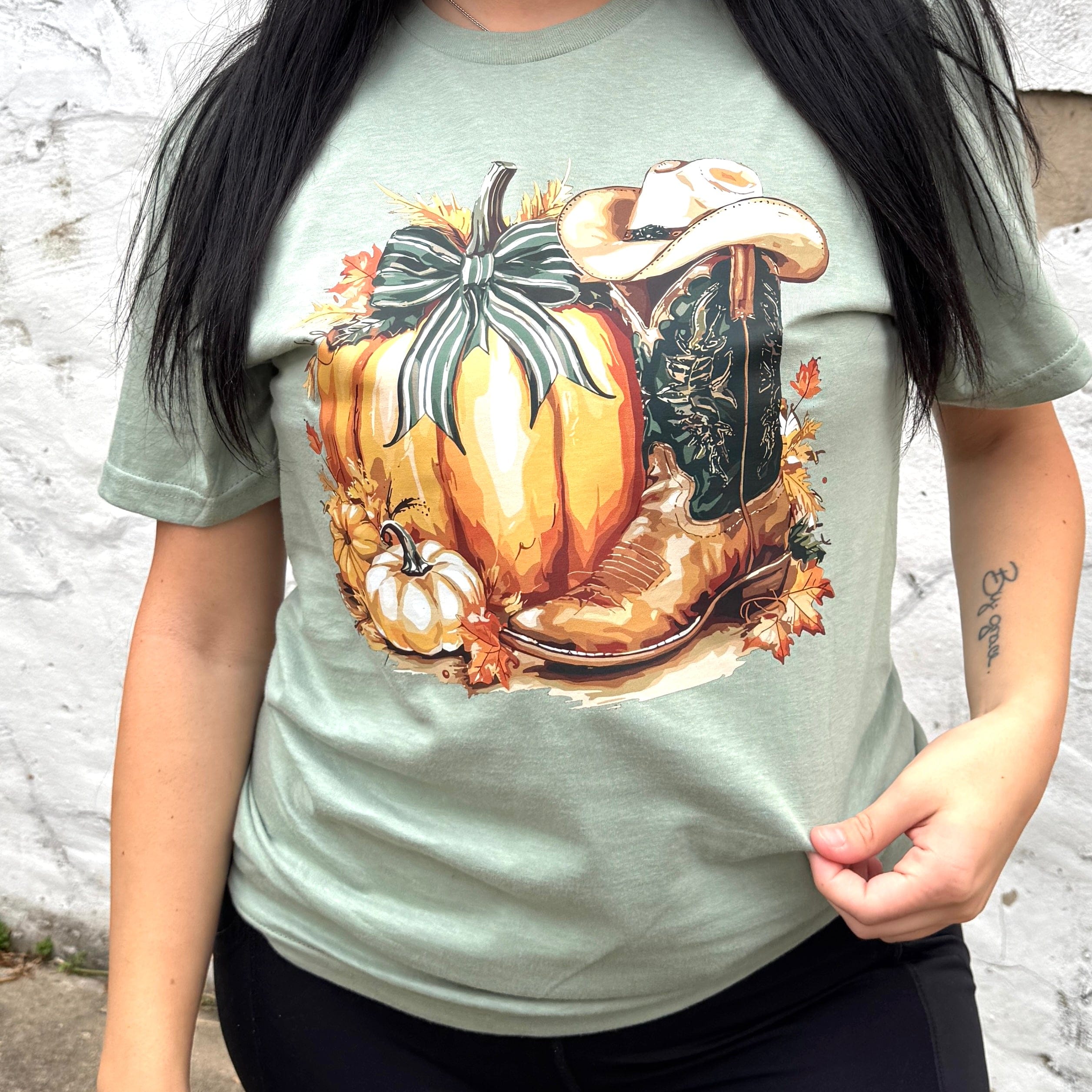 Women - Apparel - Shirts - T-Shirts Pumpkin with Cowboy Boot Graphic Tee