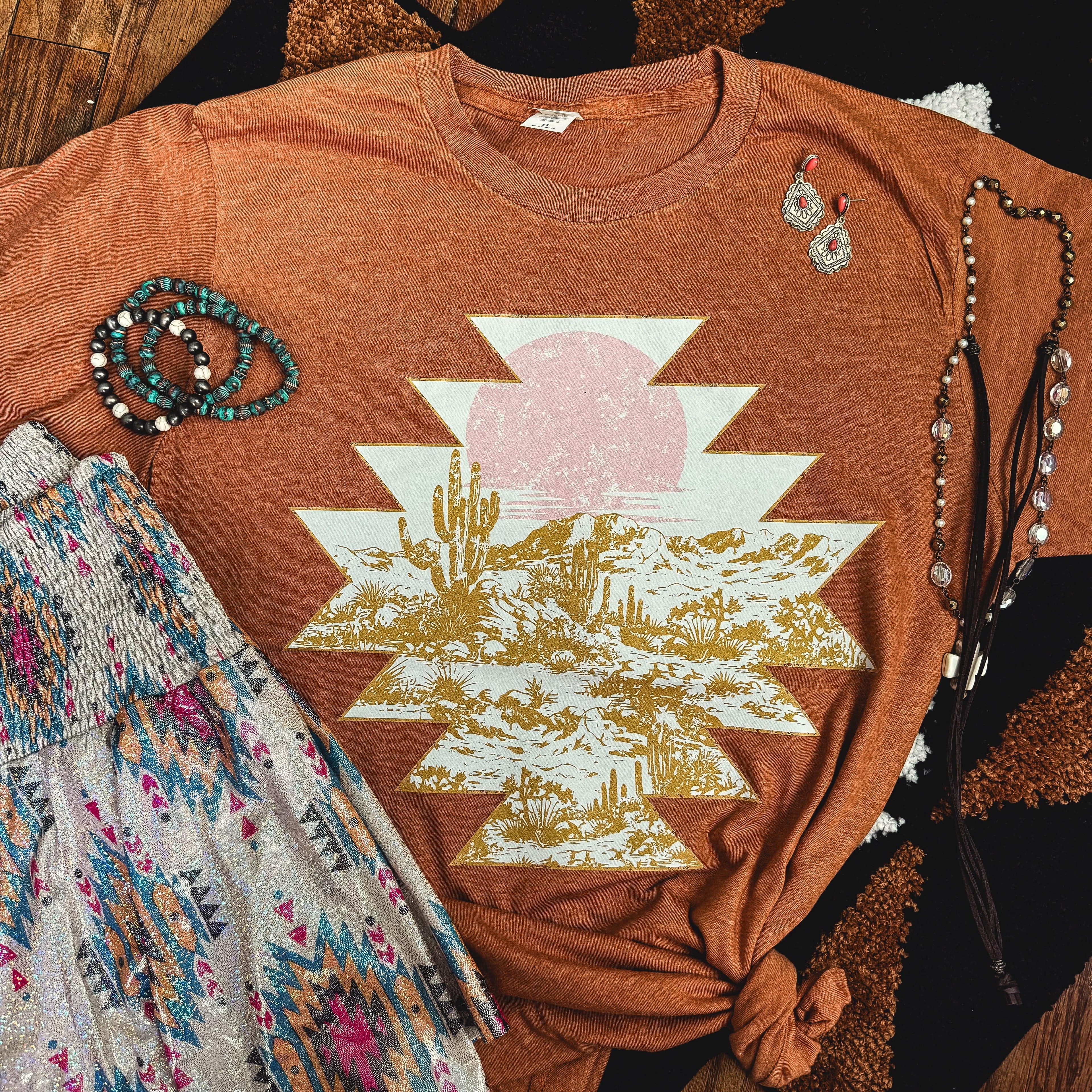 FestiviTees Women - Apparel - Shirts - T-Shirts Sunset Aztec Desert Scene Soft Graphic Tee