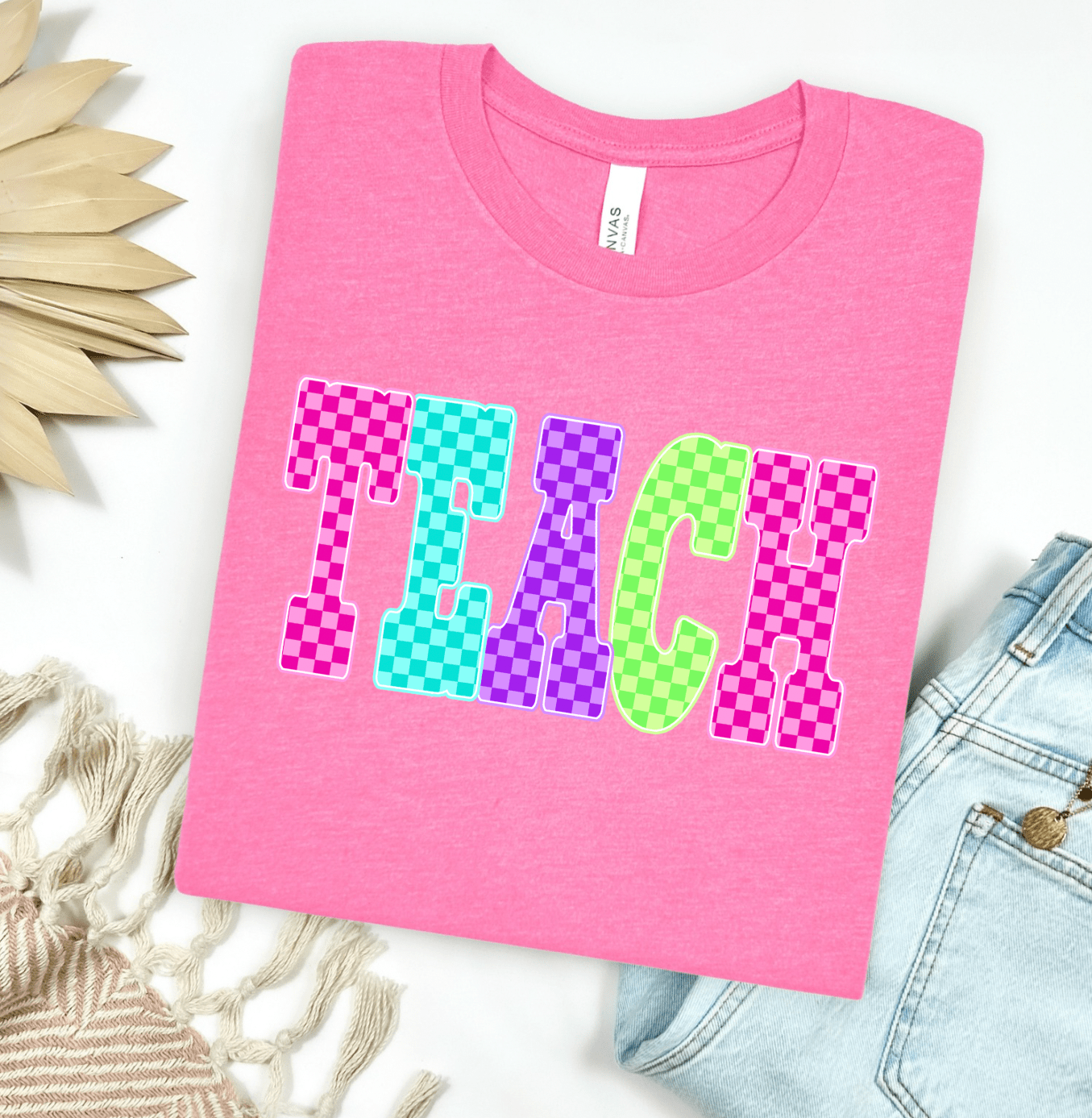 Women - Apparel - Shirts - T-Shirts TEACH Checkered Neon Graphic Tee
