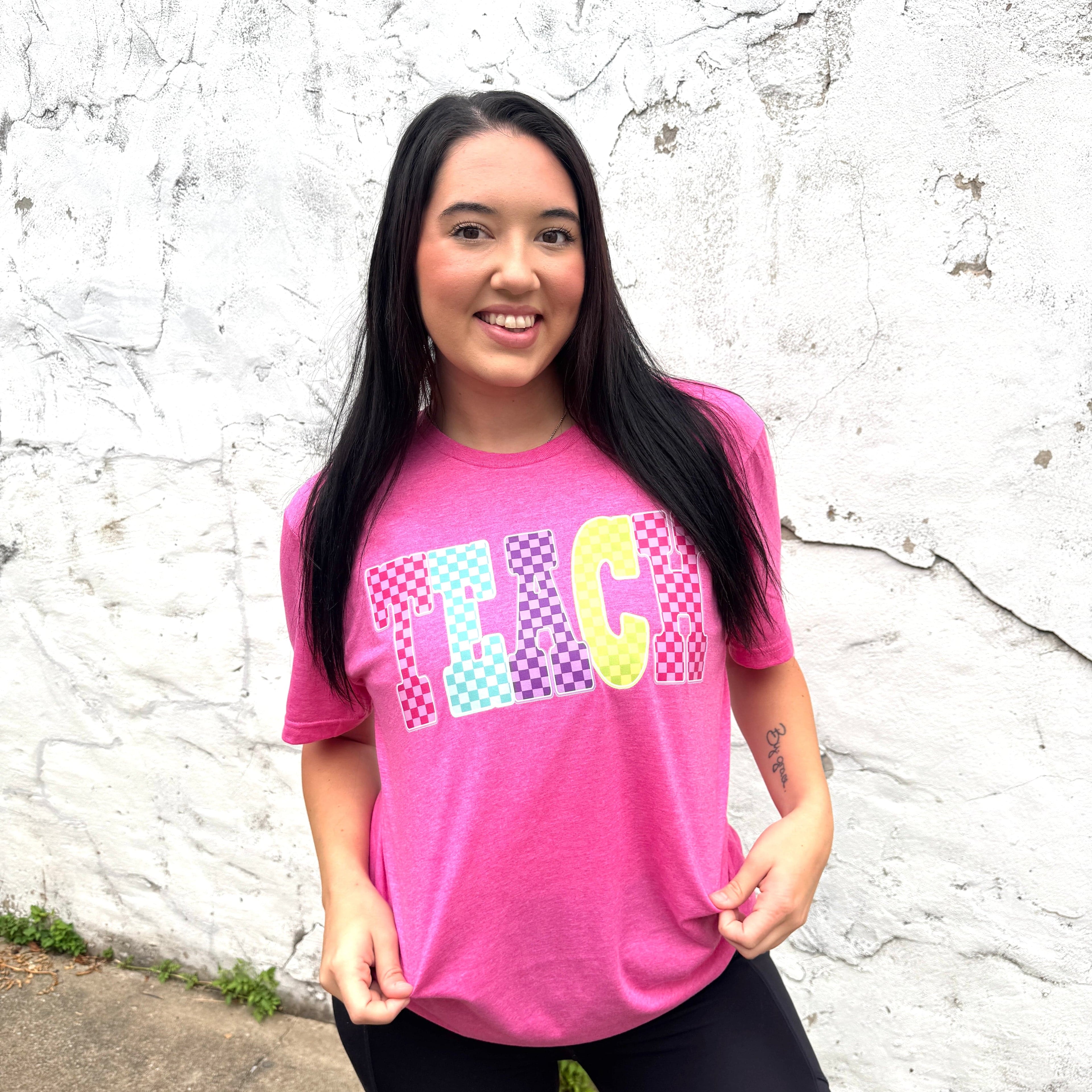 Women - Apparel - Shirts - T-Shirts TEACH Checkered Neon Graphic Tee
