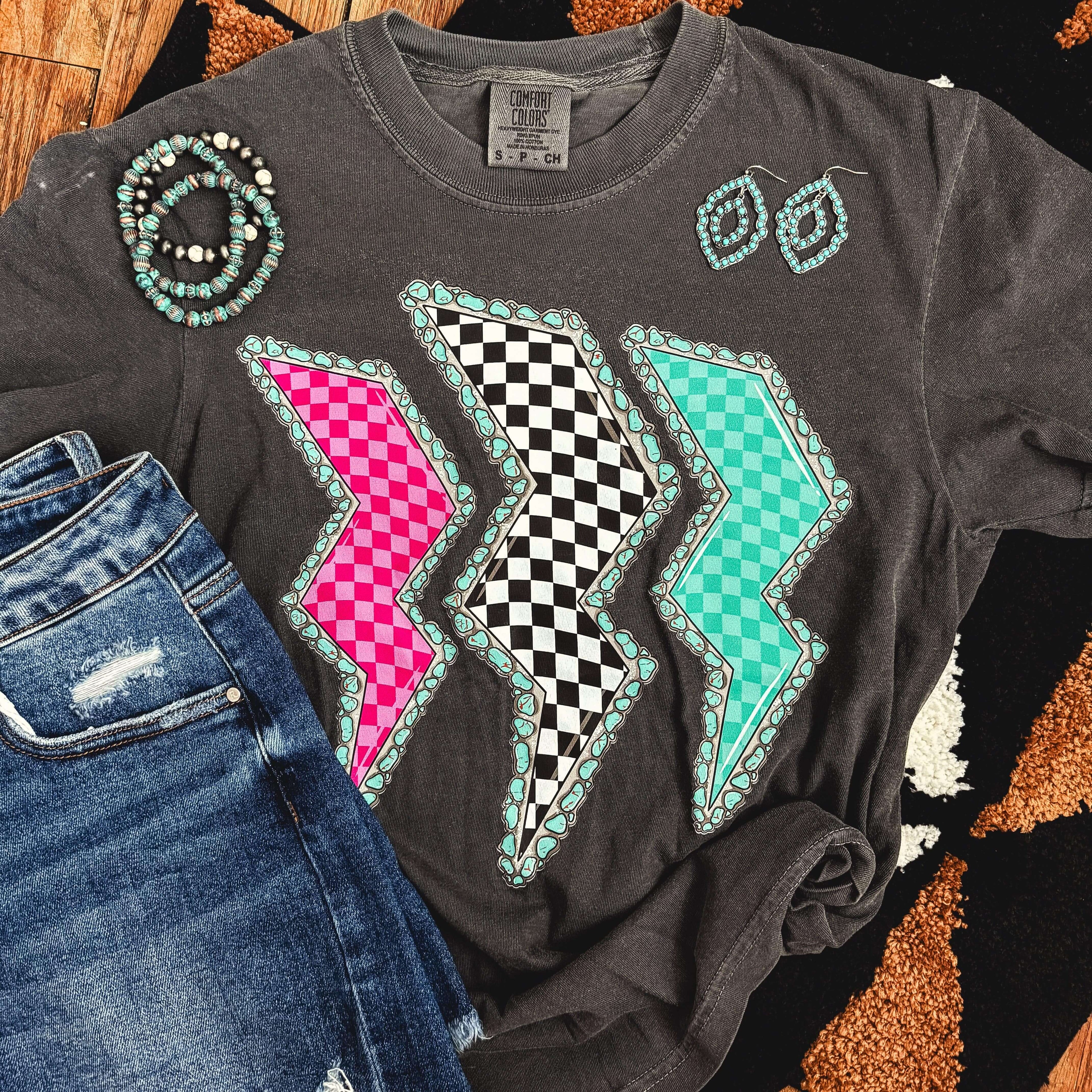 Women - Apparel - Shirts - T-Shirts Triple Lightning Bolt Turquoise Border Tee Soft Graphic Tee