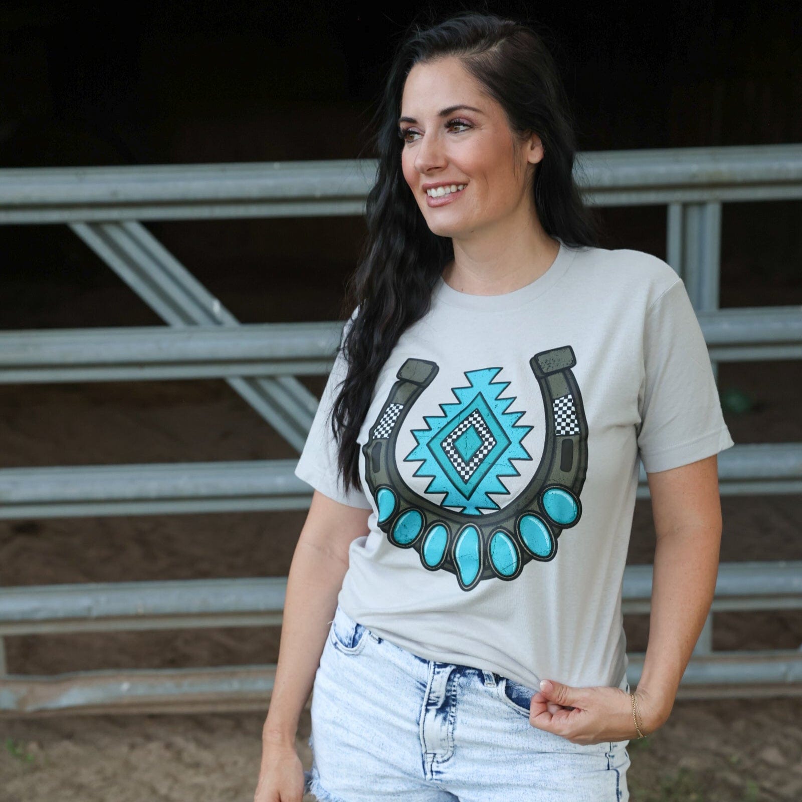 Women - Apparel - Shirts - T-Shirts Turquoise Aztec Horseshoe Soft Graphic Tee