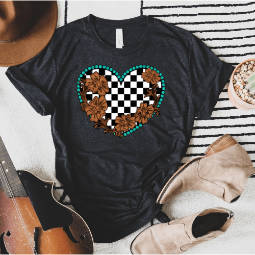 Women - Apparel - Shirts - T-Shirts Turquoise Checkered Heart with Flowers Graphic Tee
