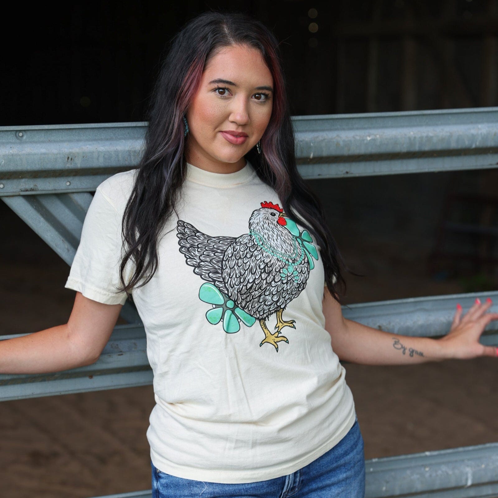 Women - Apparel - Shirts - T-Shirts Turquoise Chicken with Flowers Soft Graphic Tee