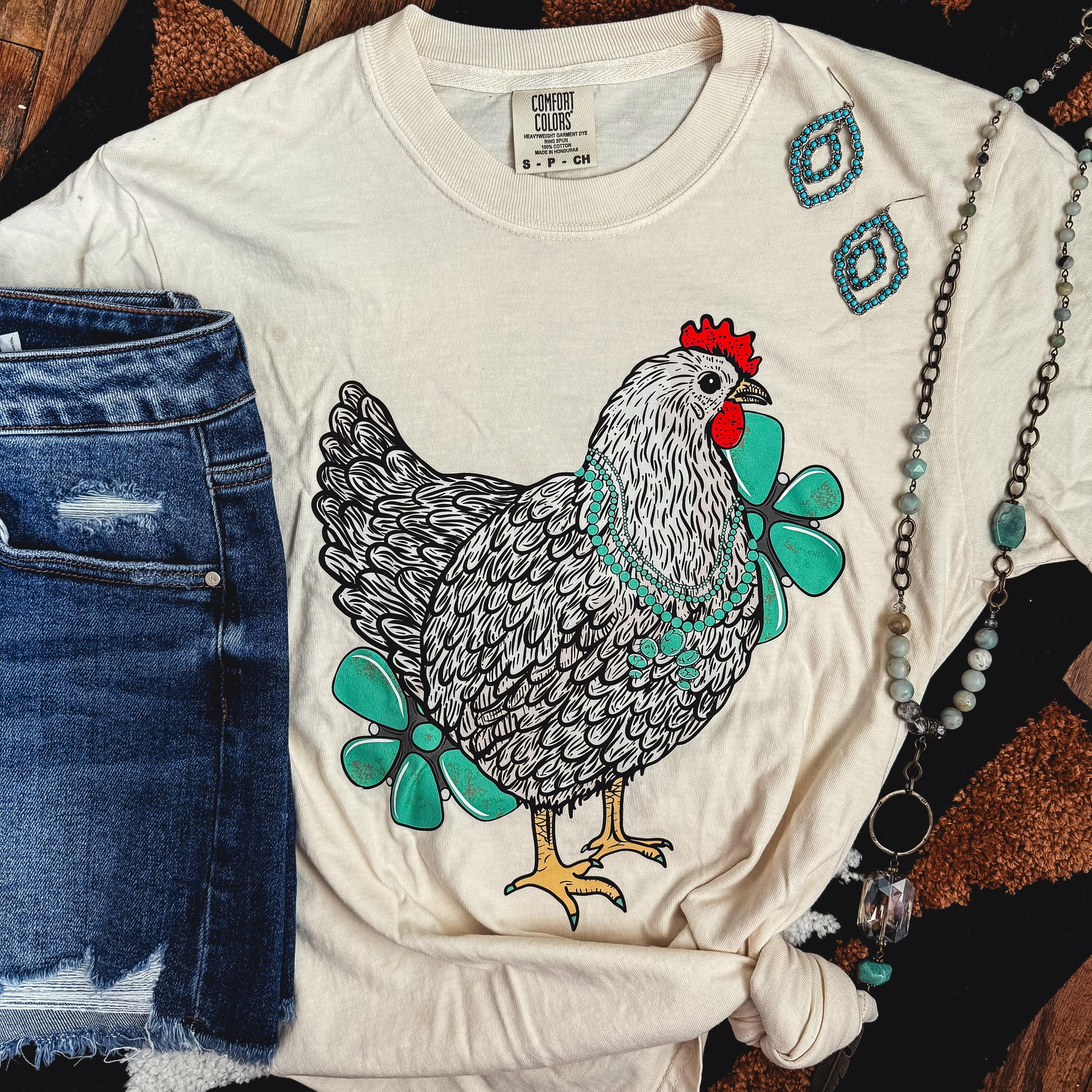 FestiviTees Women - Apparel - Shirts - T-Shirts Turquoise Chicken with Flowers Soft Graphic Tee