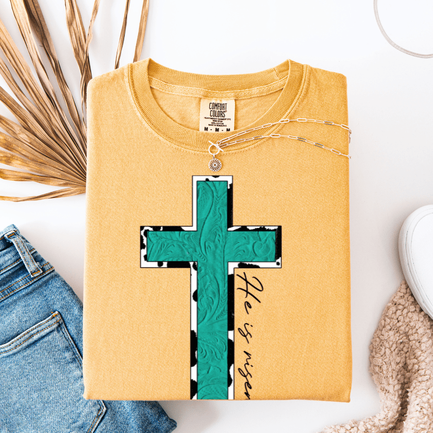 Women - Apparel - Shirts - T-Shirts Turquoise & Cow Print He is Risen Cross Graphic Tee