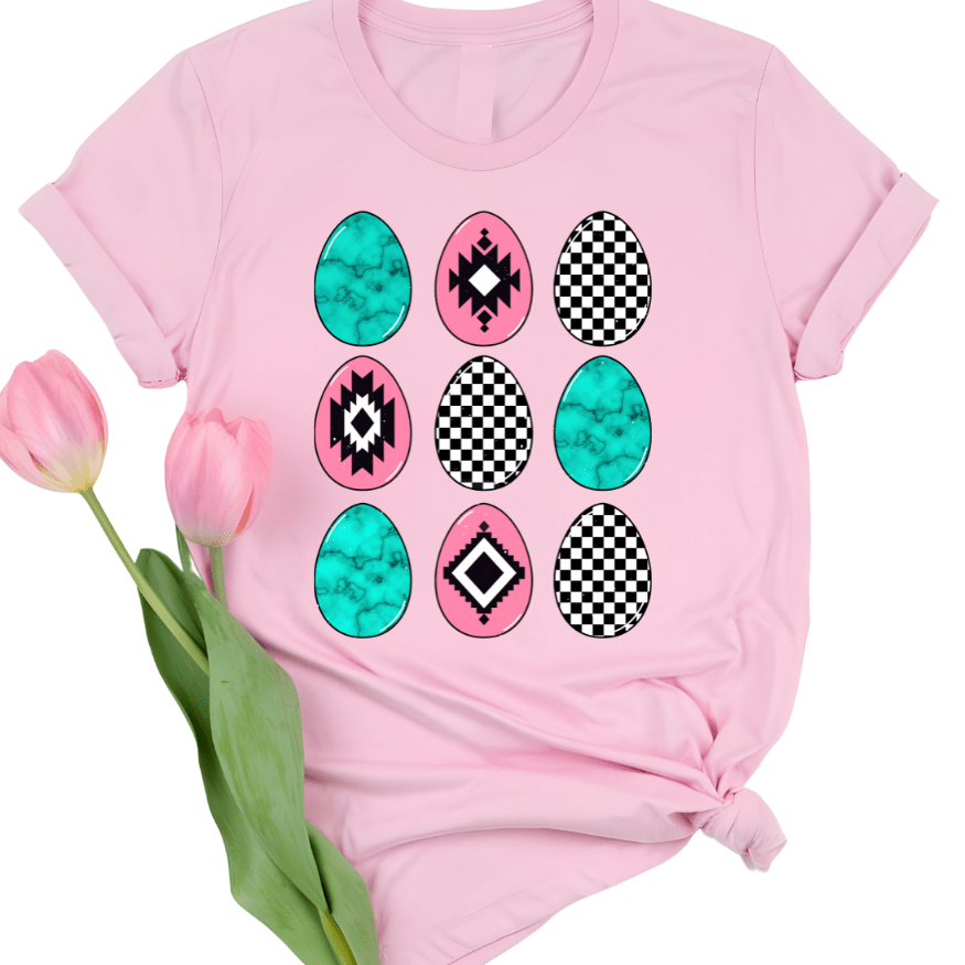 Turquoise Pink & Checkered Eggs Graphic Tee