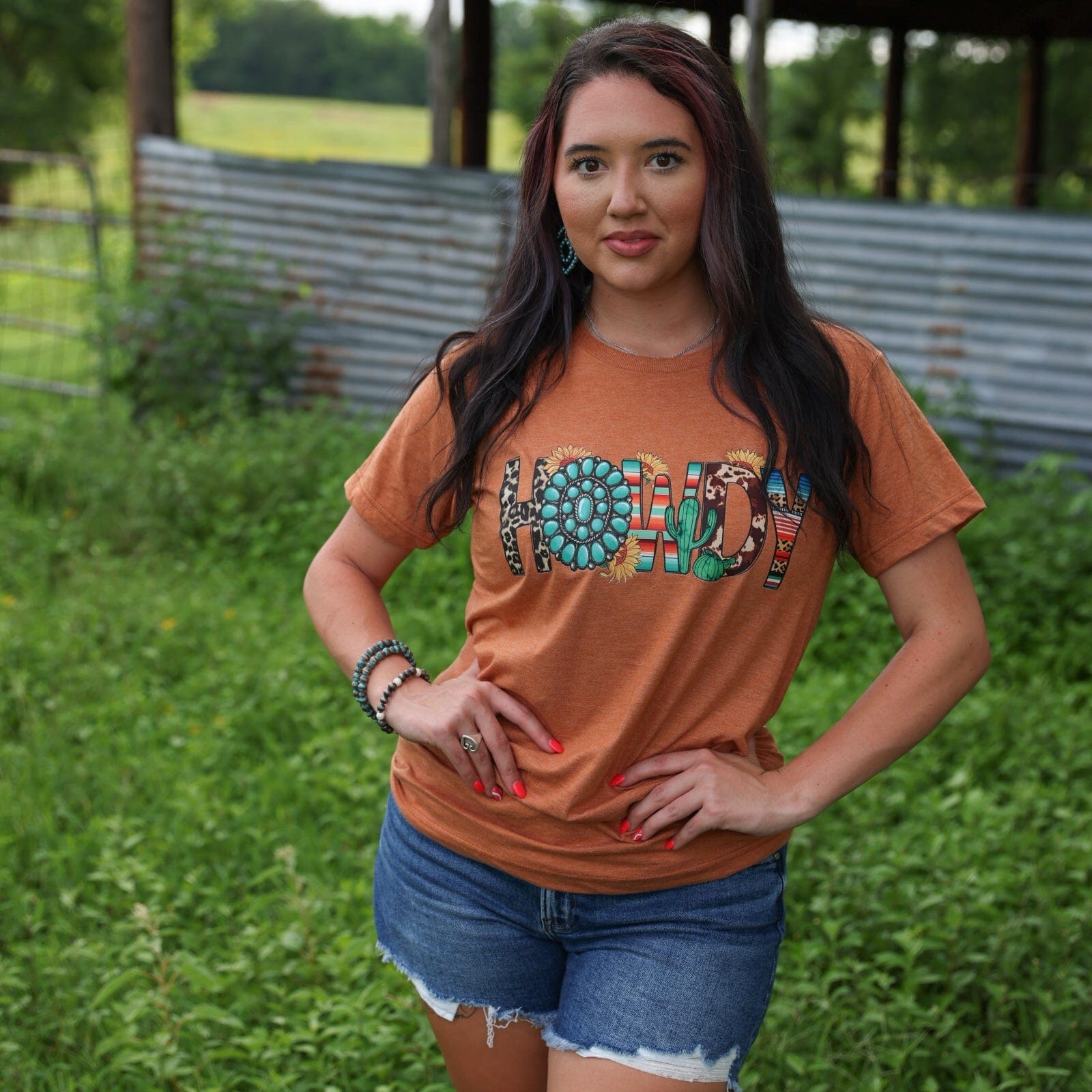 Women - Apparel - Shirts - T-Shirts Turquoise Serape Howdy Soft Graphic Tee
