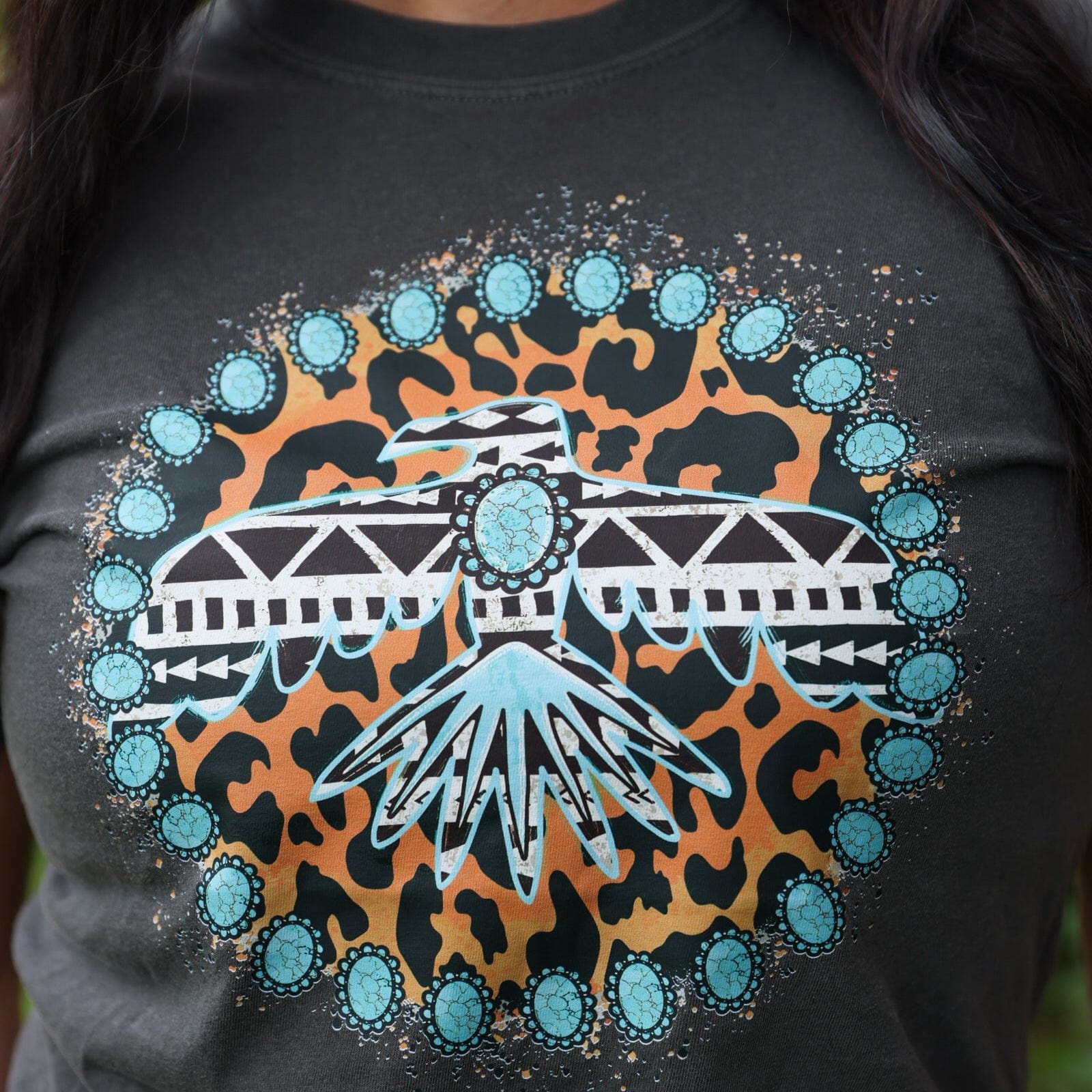 Women - Apparel - Shirts - T-Shirts Turquoise Thunderbird Aztec Leopard Soft Graphic Tee