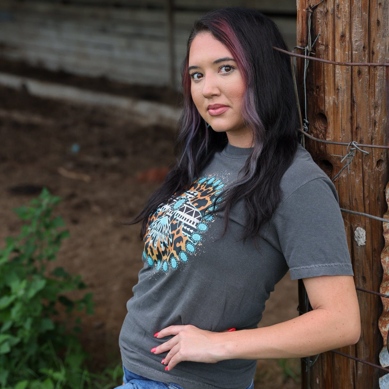 Women - Apparel - Shirts - T-Shirts Turquoise Thunderbird Aztec Leopard Soft Graphic Tee