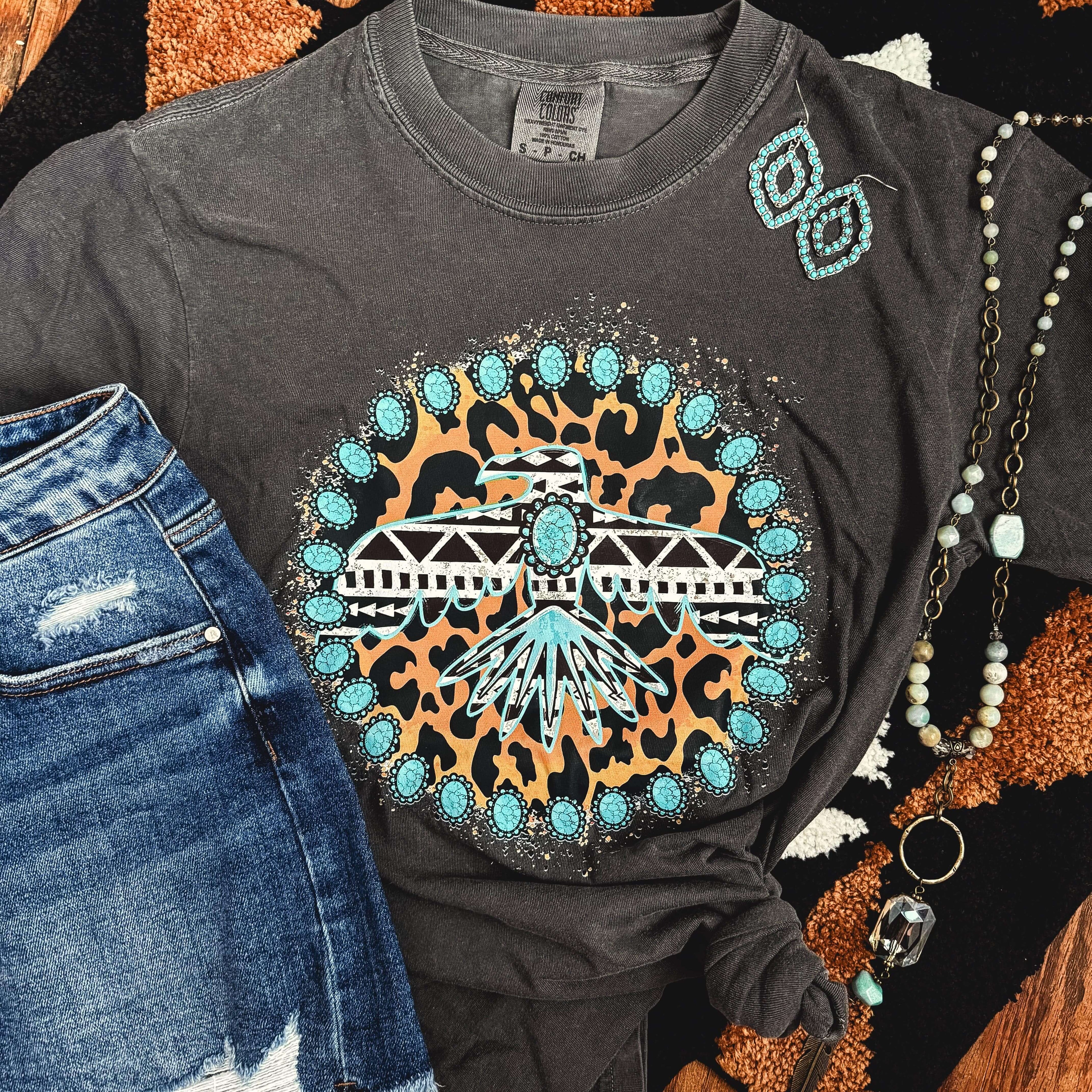 Women - Apparel - Shirts - T-Shirts Turquoise Thunderbird Aztec Leopard Soft Graphic Tee