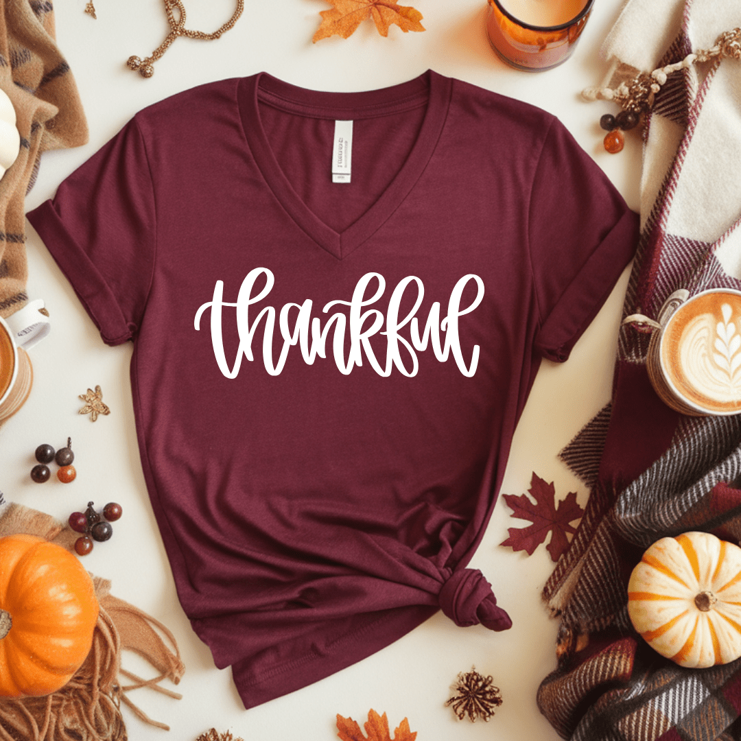 Women - Apparel - Shirts - T-Shirts V Neck Thankful Graphic Tee