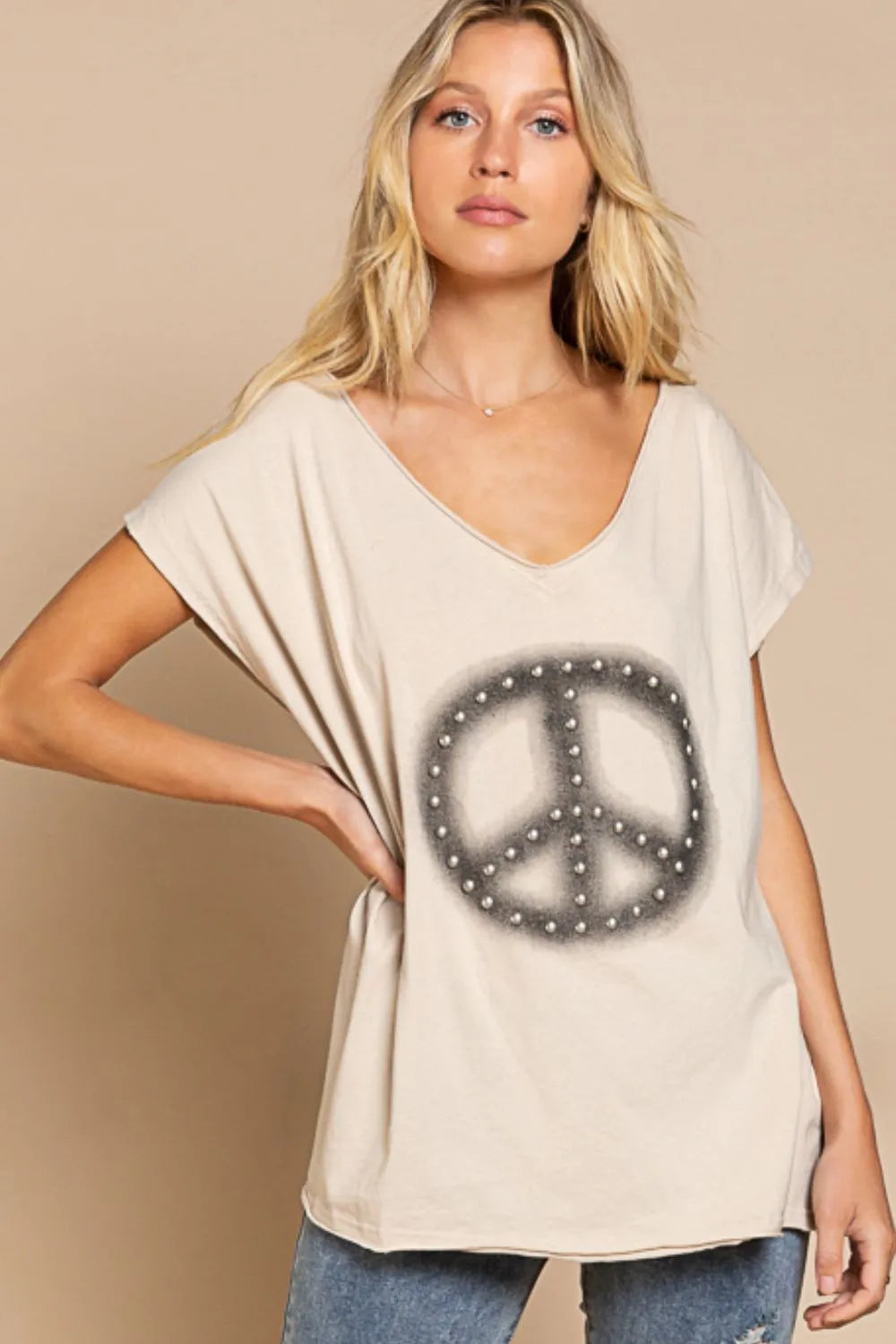 POL Peace Sign Studded V-Neck T-Shirt