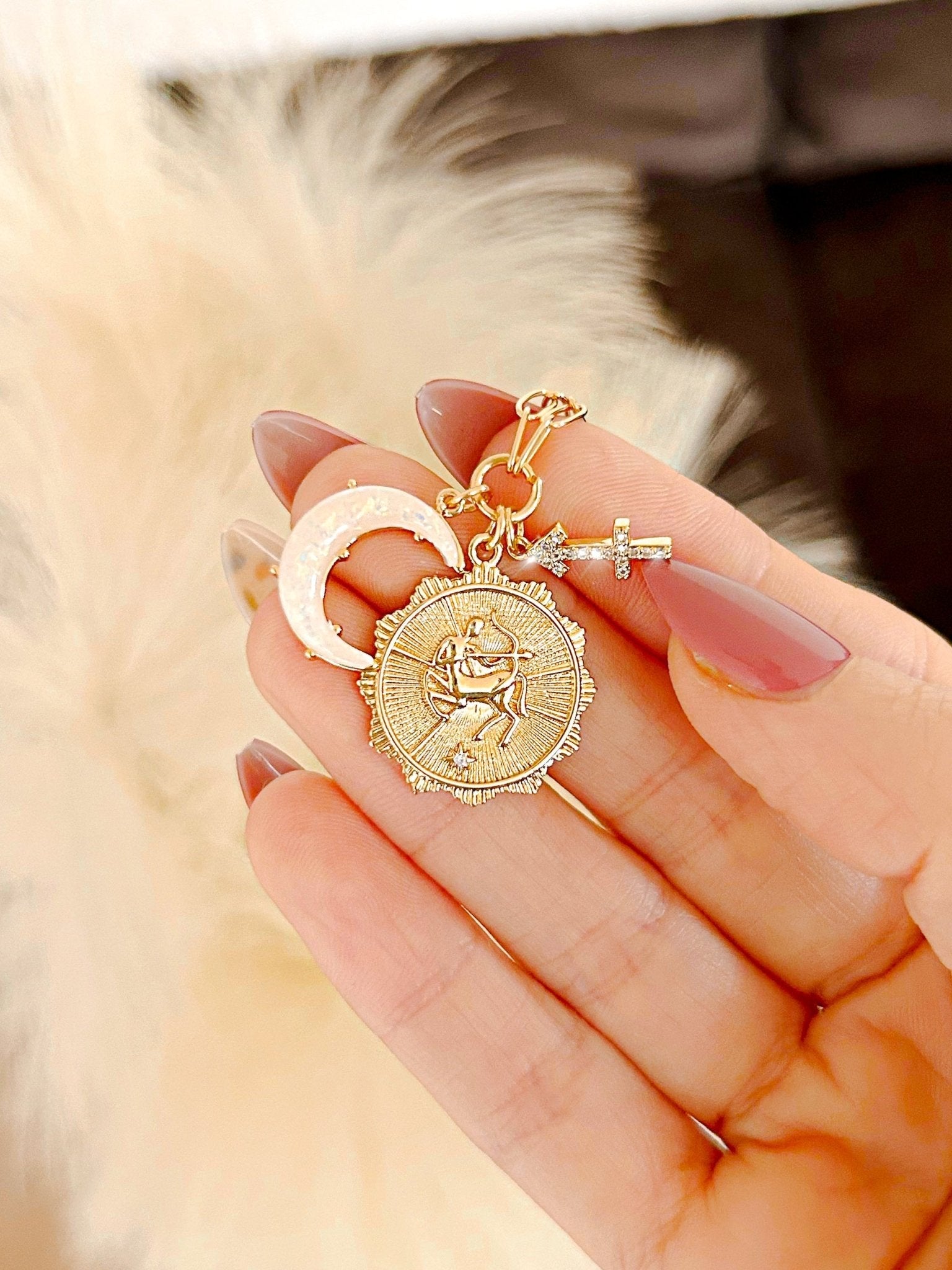 jewelry 3 Charm Zodiac & Moon Cubic Zirconia Pendant Necklace