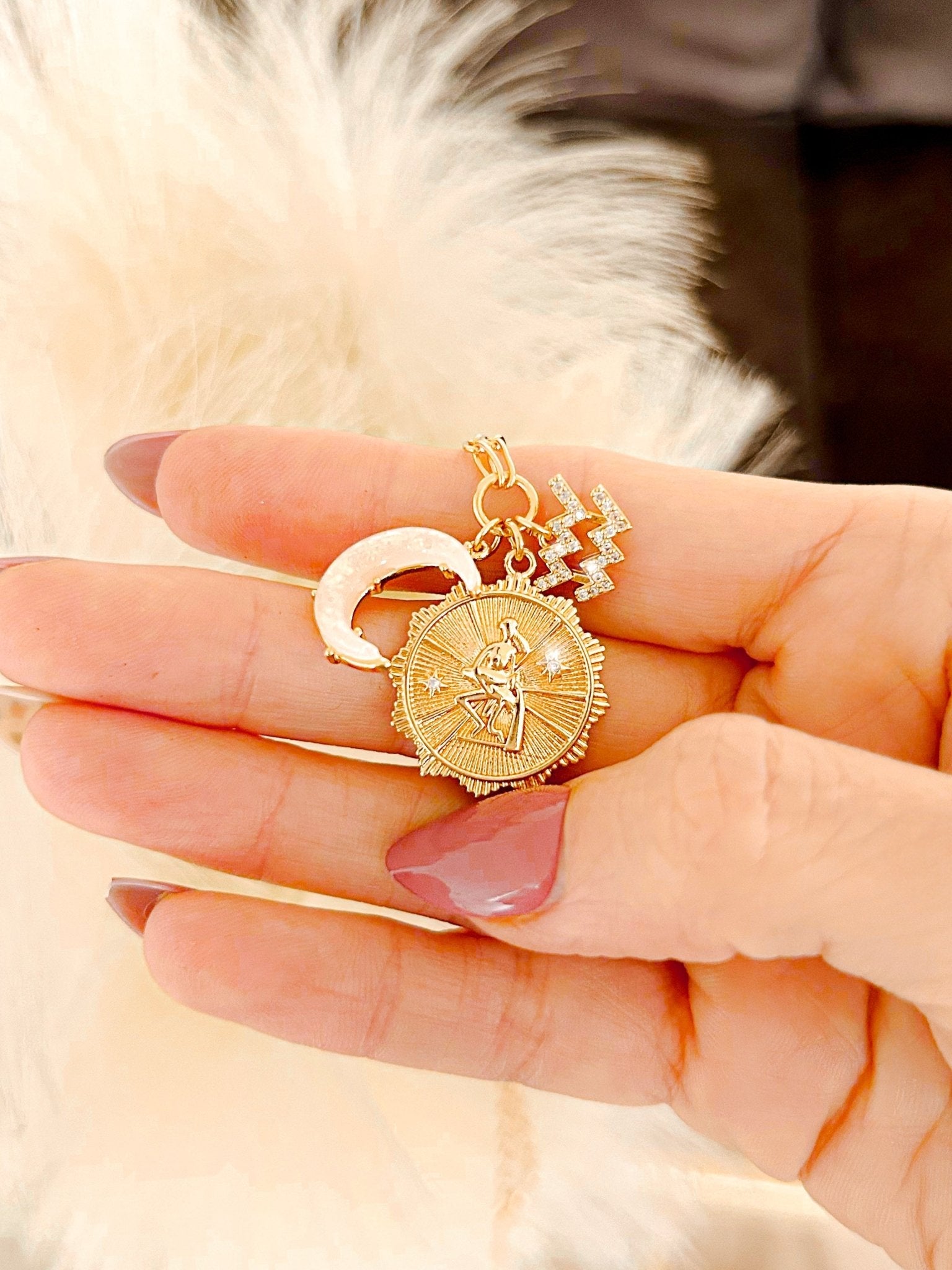 jewelry 3 Charm Zodiac & Moon Cubic Zirconia Pendant Necklace