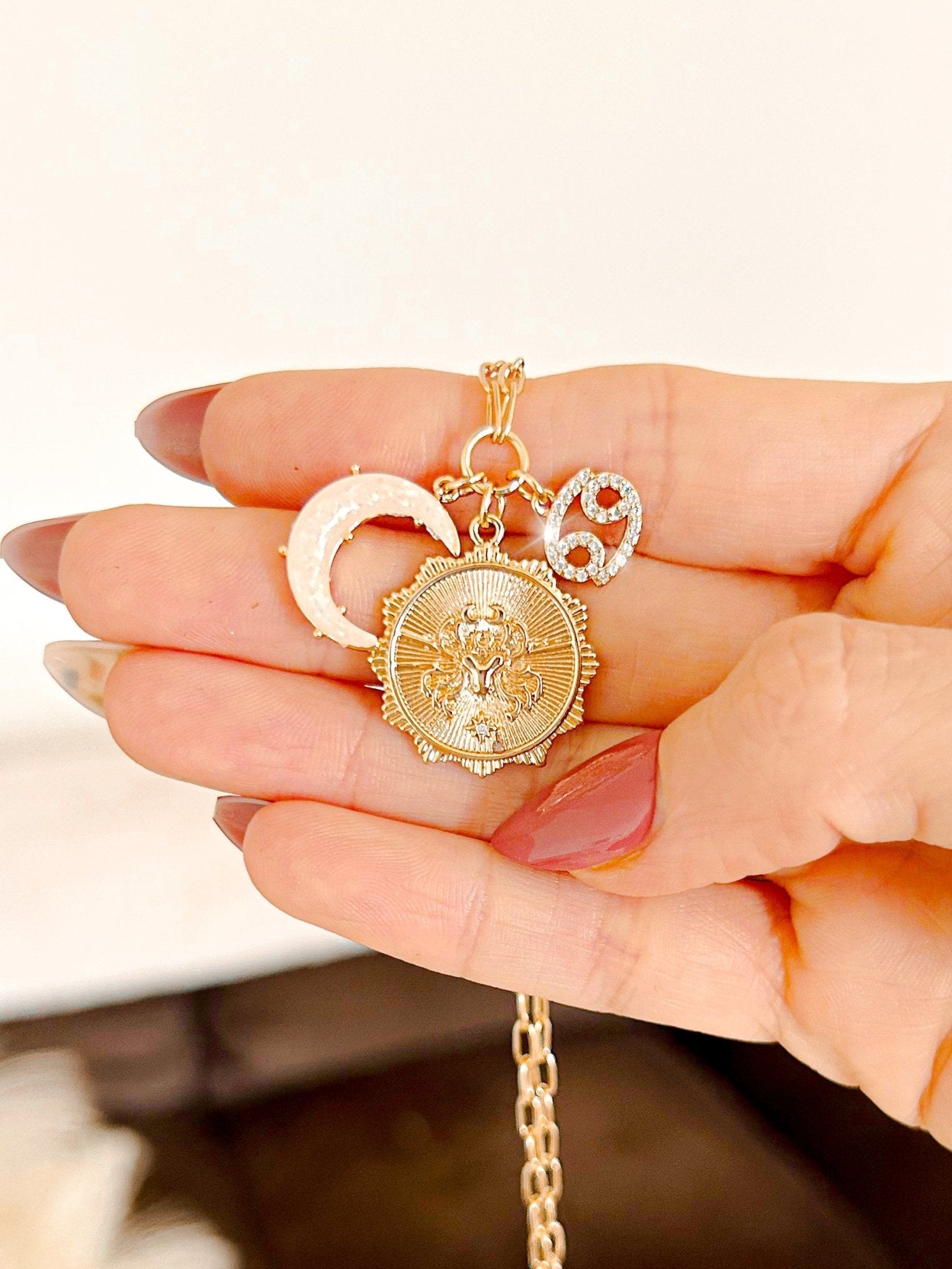 jewelry 3 Charm Zodiac & Moon Cubic Zirconia Pendant Necklace