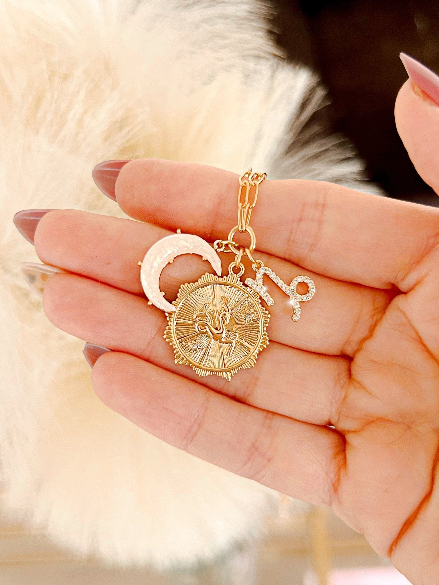 jewelry 3 Charm Zodiac & Moon Cubic Zirconia Pendant Necklace