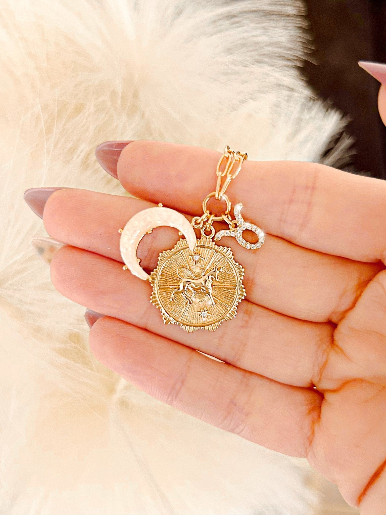 jewelry 3 Charm Zodiac & Moon Cubic Zirconia Pendant Necklace