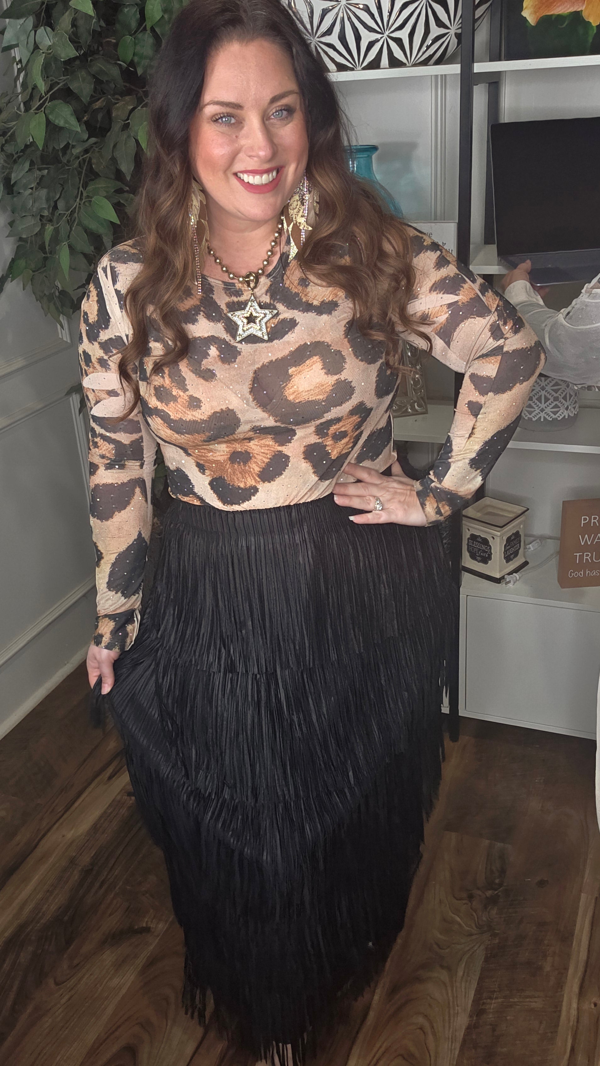 Leopard Embellished Mesh Top