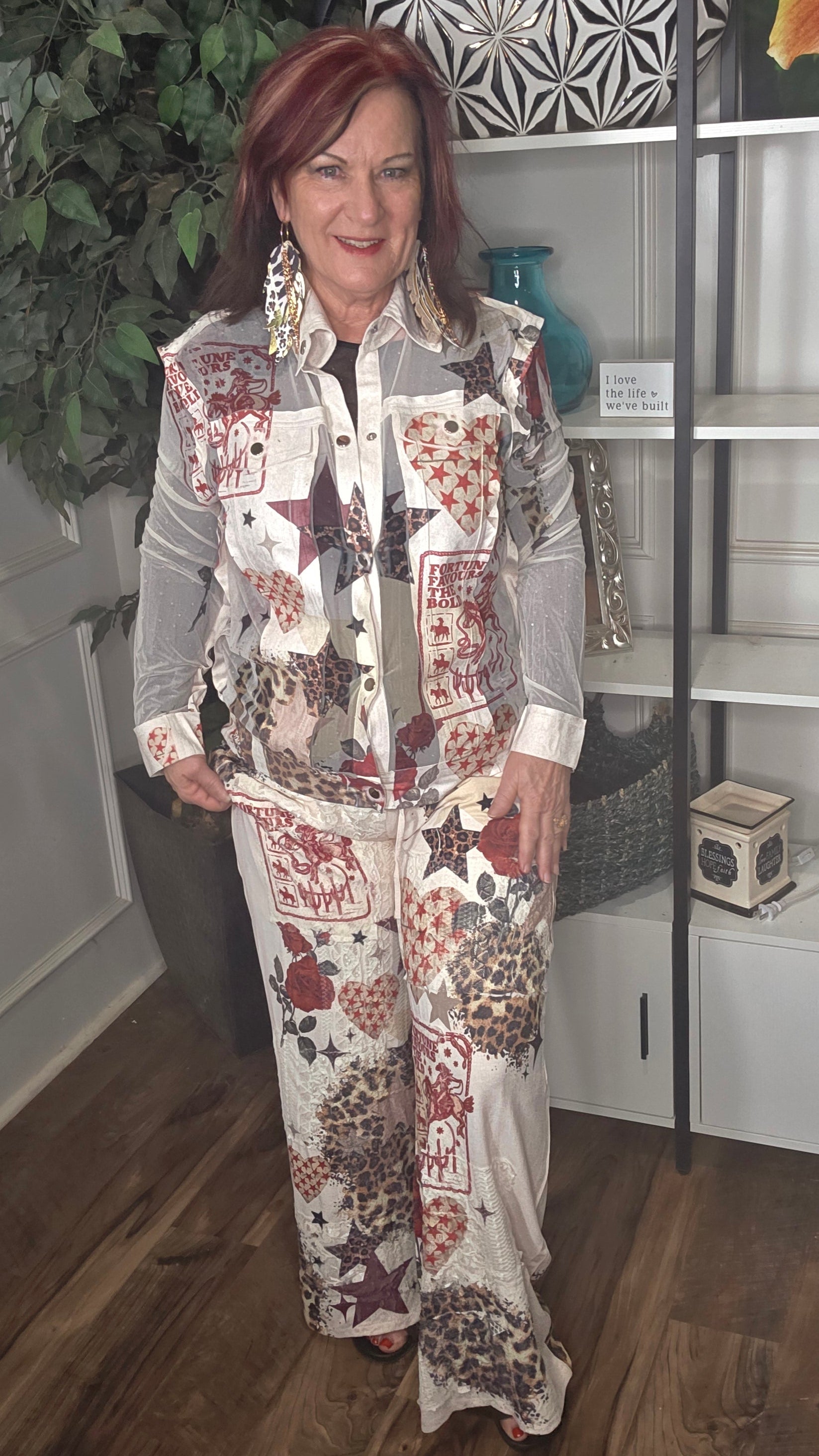 Starlit Leopard & Rose Lace Drawstring Pants