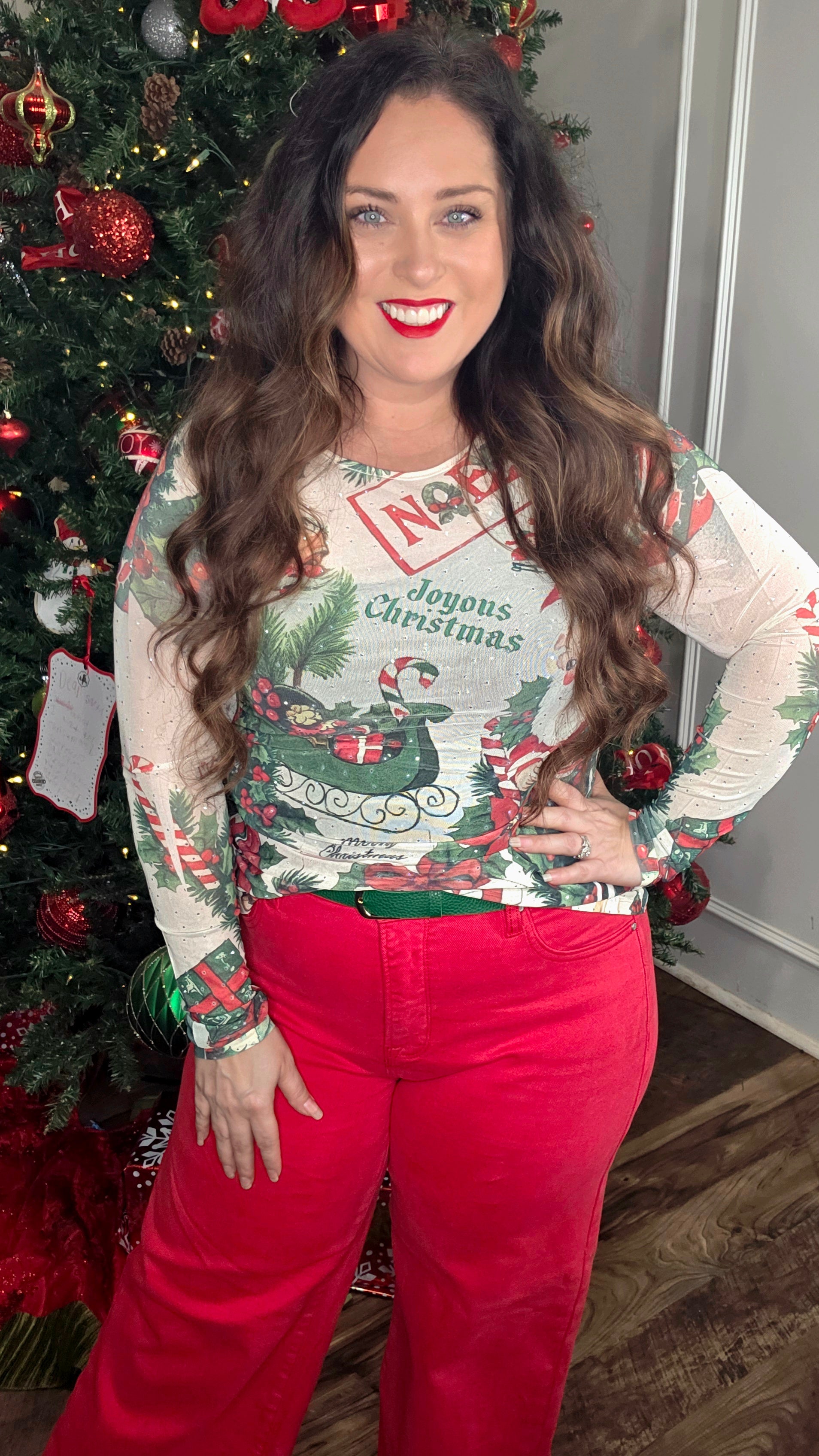 Embellished Santa Mesh Top