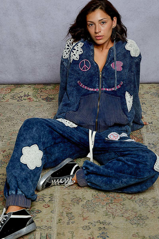 POL Boho Patchwork Peace Denim Lounge Set