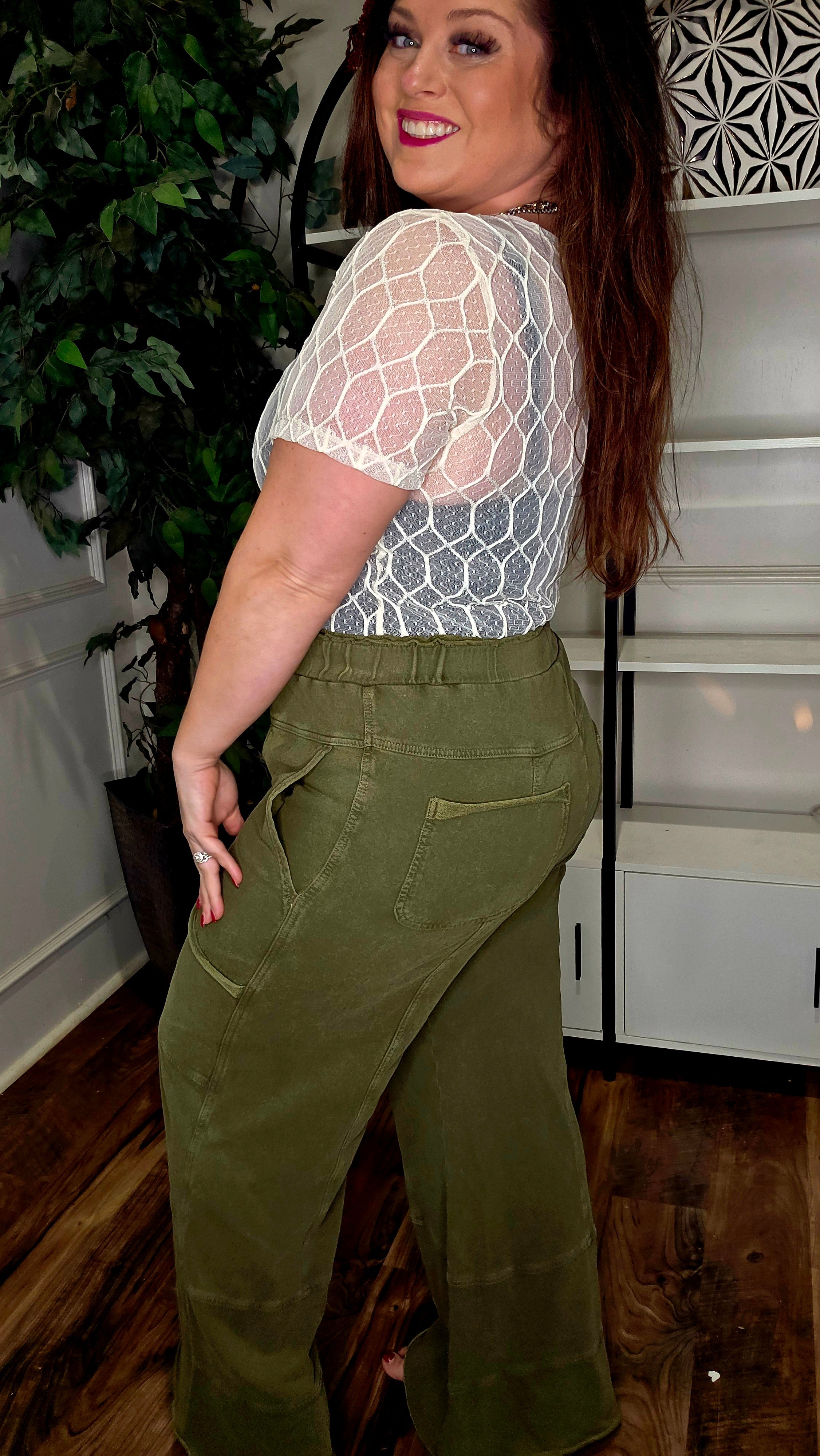 EASEL Washed Olive Cargo Wide-Leg Lounge Pants