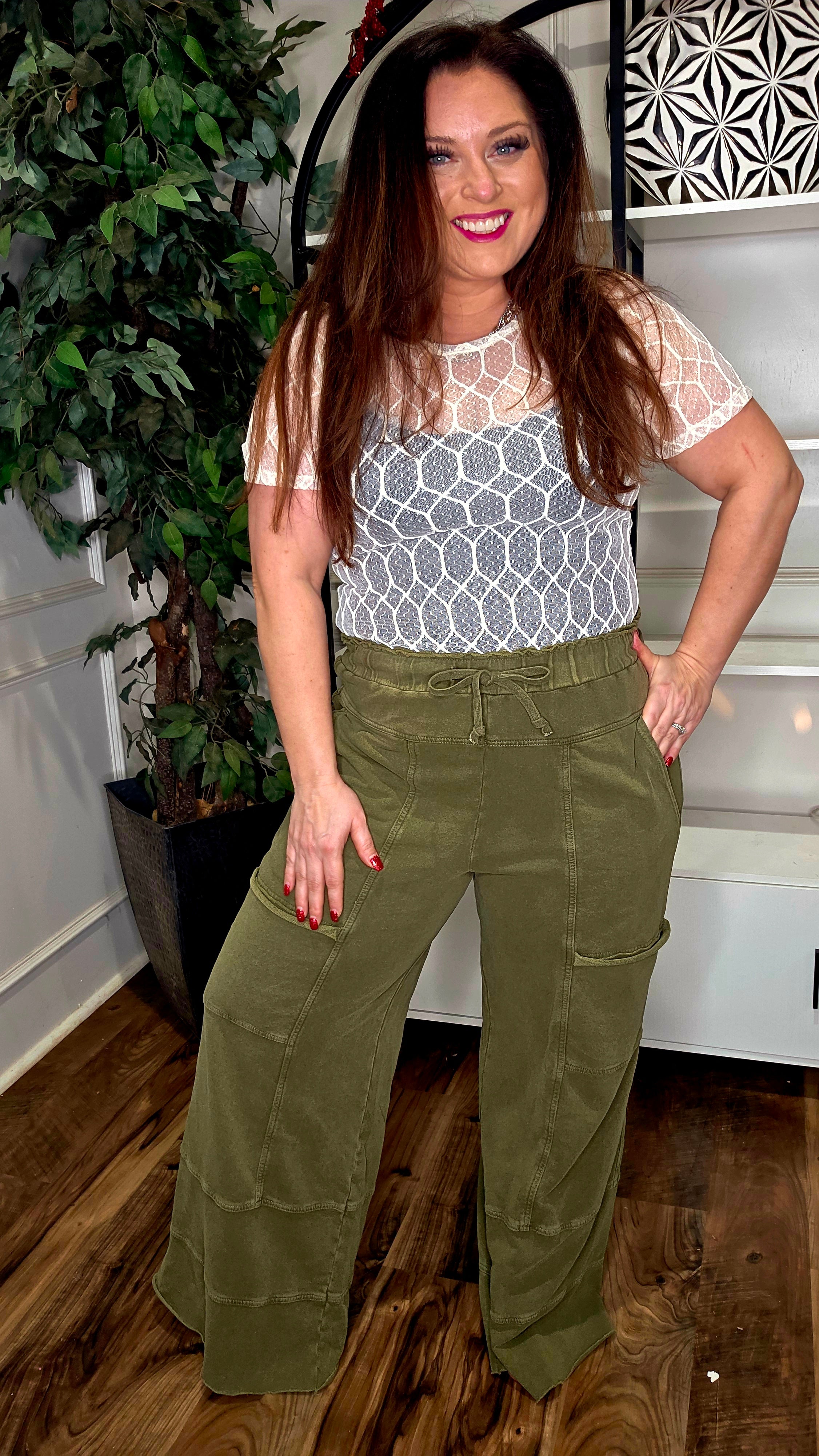 EASEL Washed Olive Cargo Wide-Leg Lounge Pants