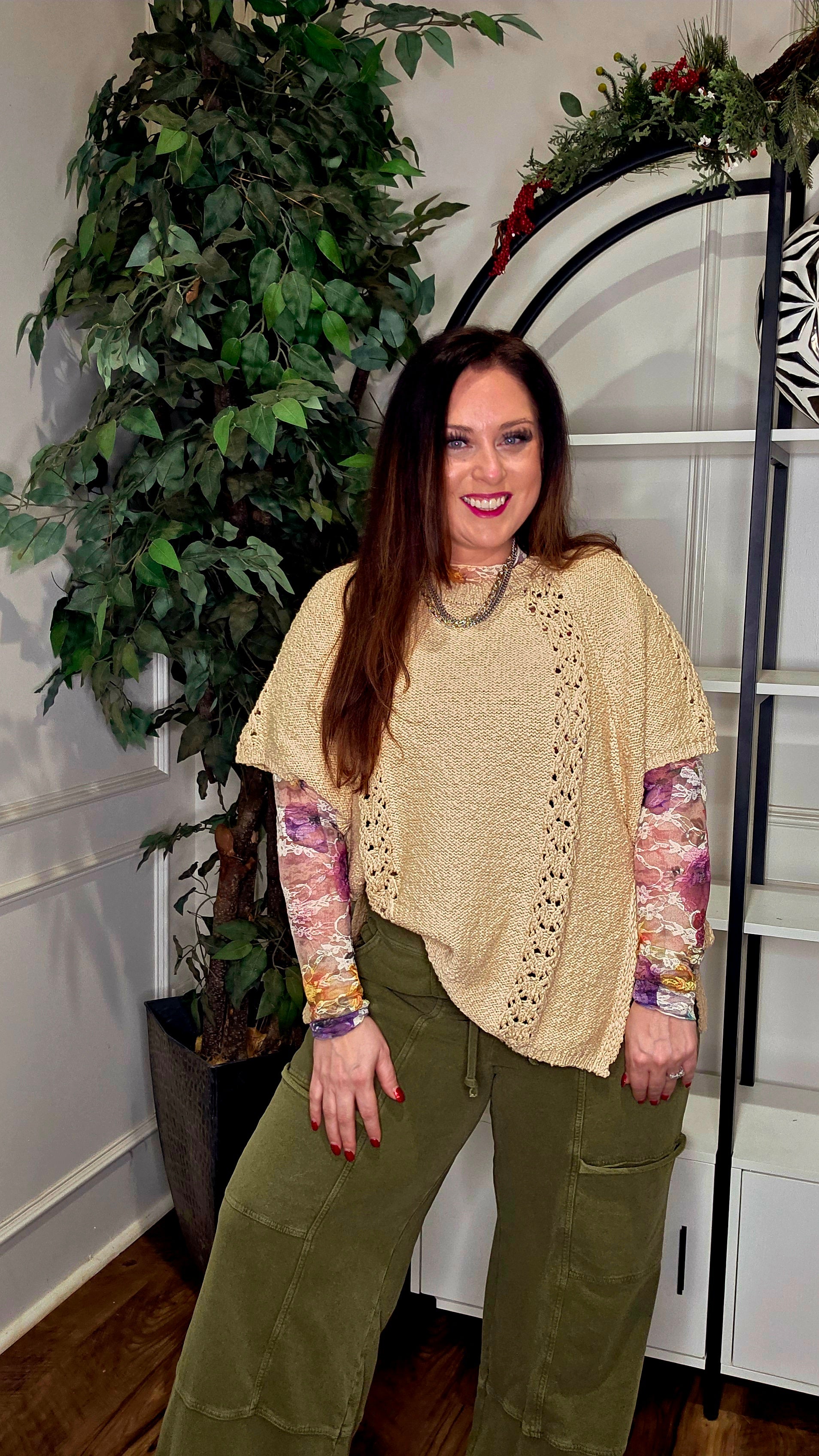 EASEL Boho Lace Trim Poncho Sweater with Side Ties