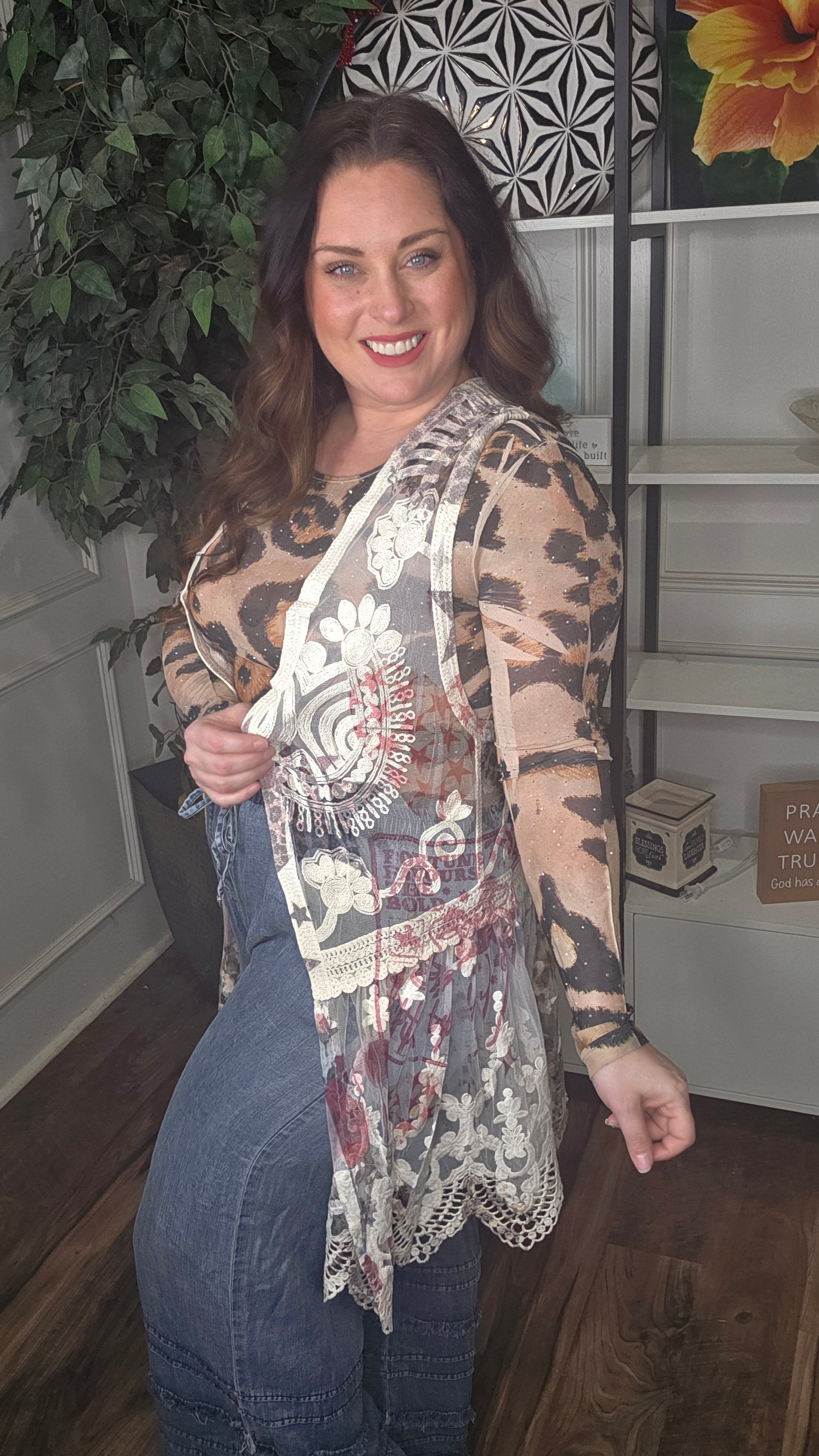 Starlit Leopard & Rose Crochet Lace Vest