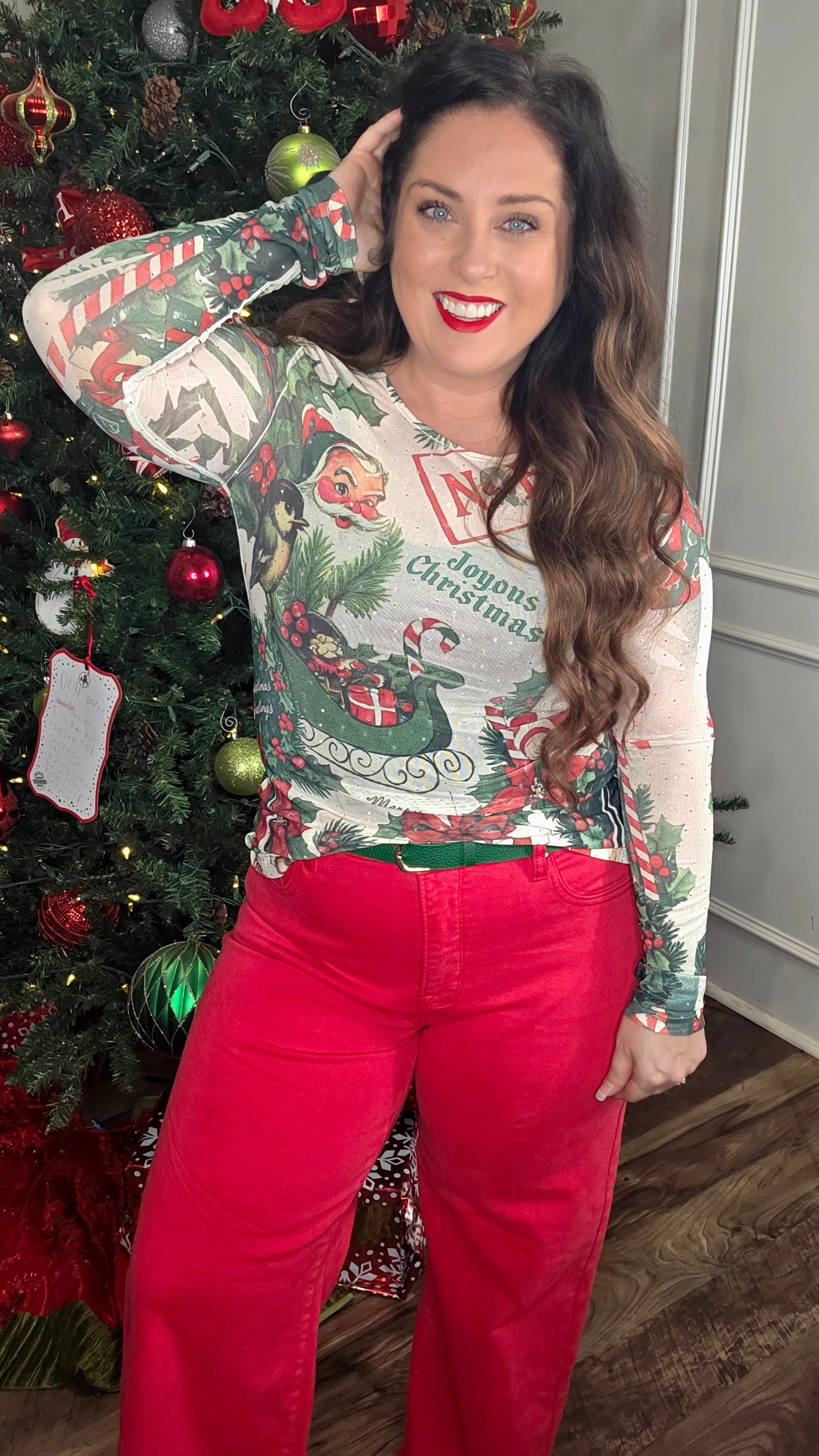 Embellished Santa Mesh Top