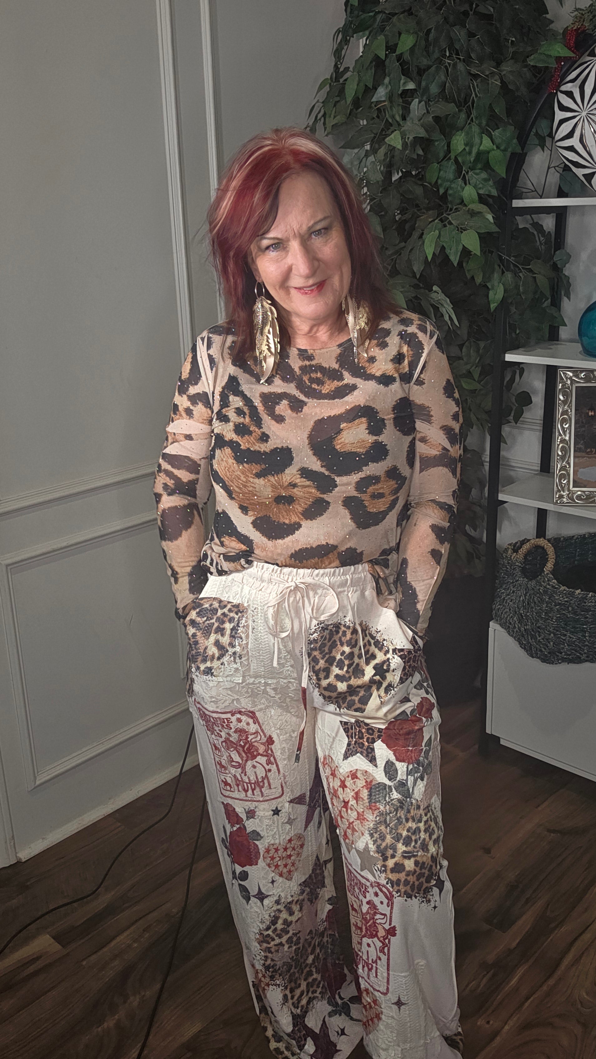Starlit Leopard & Rose Lace Drawstring Pants