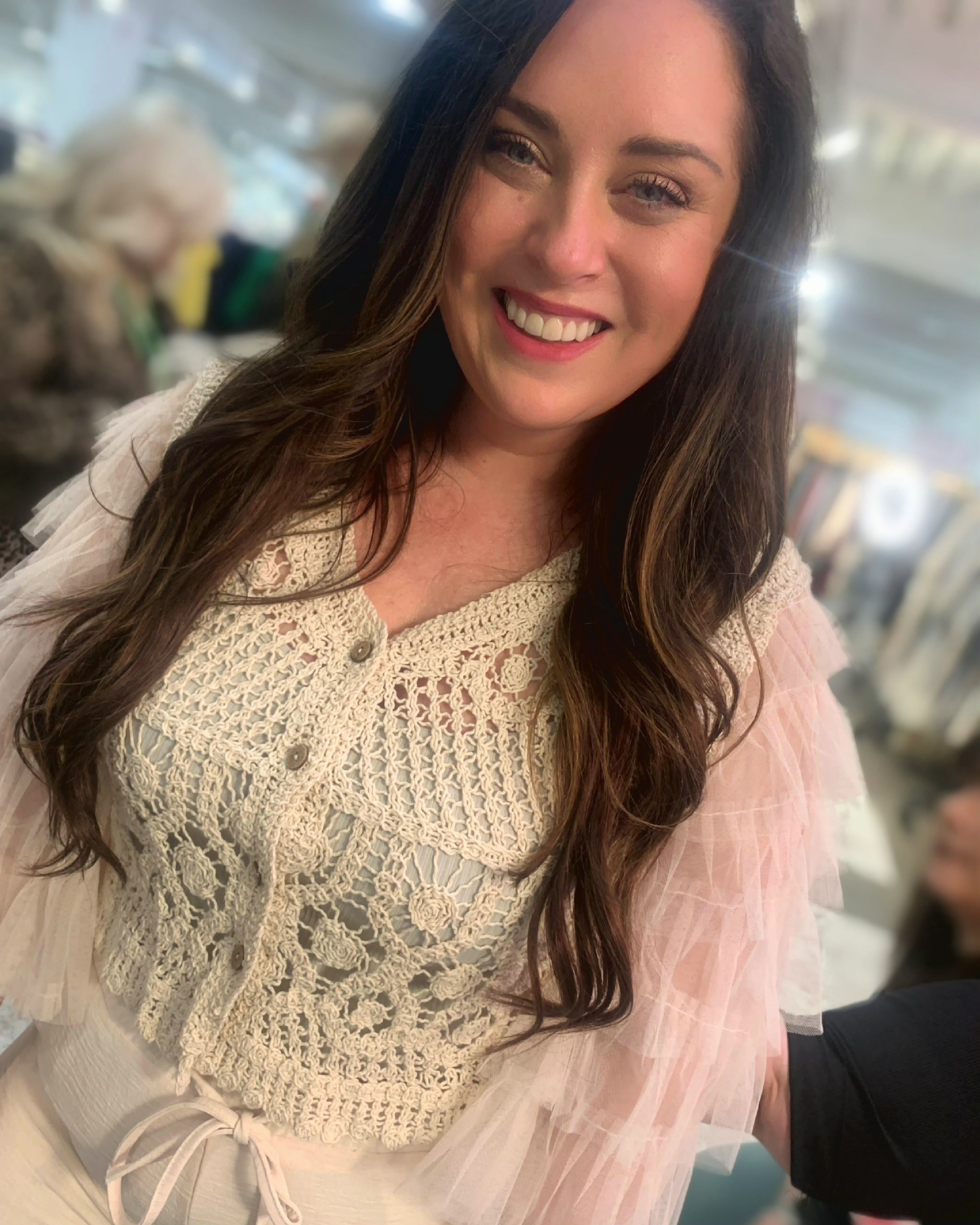 Runway Romance Crochet & Tulle Cropped Cardigan