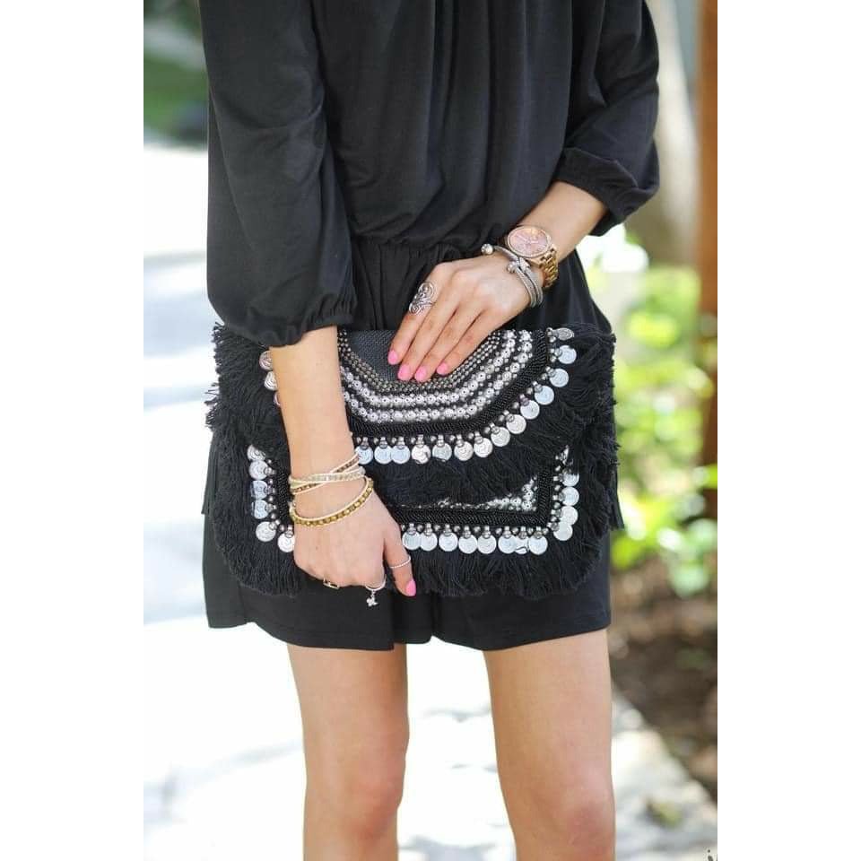 Clutch with fringe and coin detailing