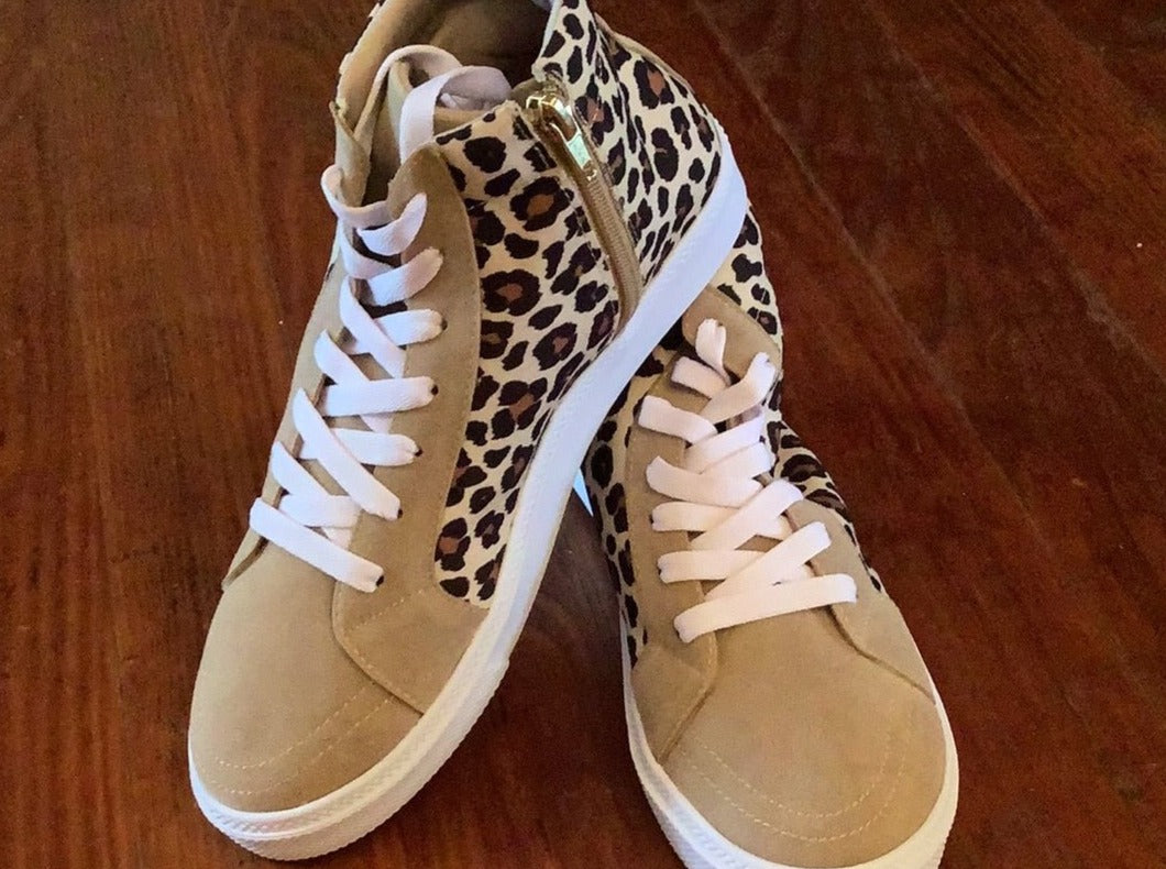 camel and leopard hightop sneakers