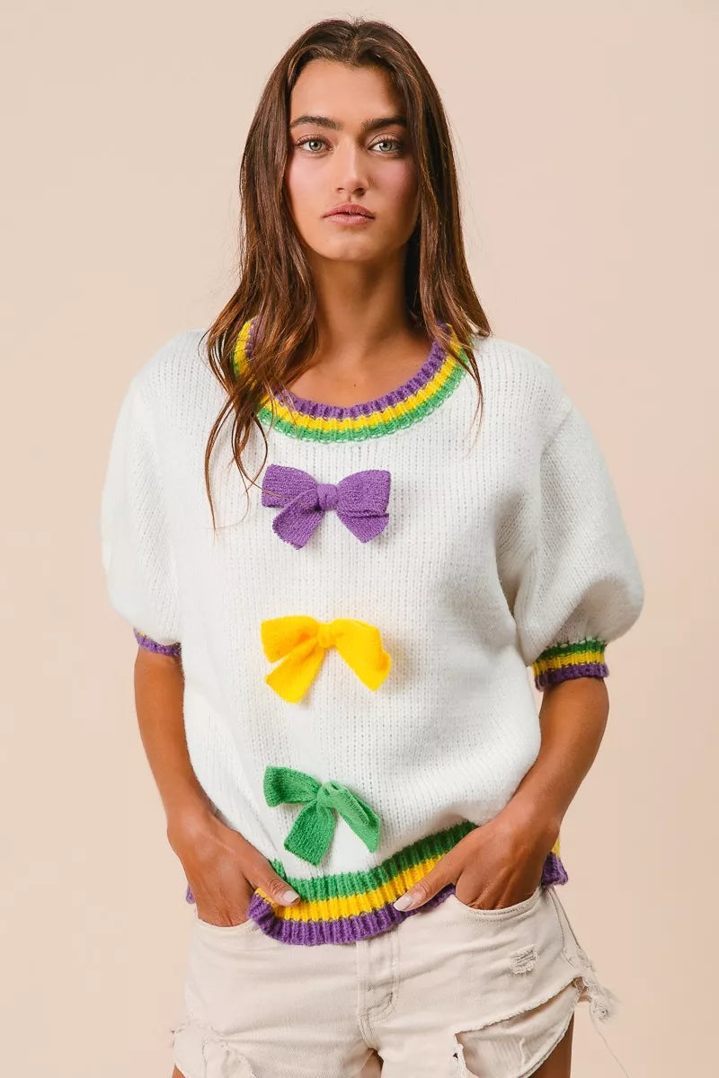 BiBi Short Puff Sleeve Ribbon Bow Mardi Gras Sweater