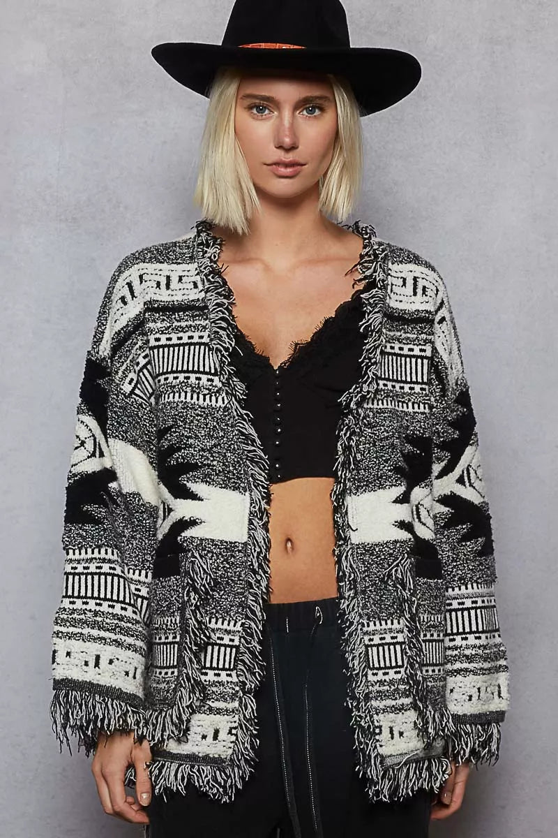 POL Open Front Geometric Print Cardigan with Fringe Detail