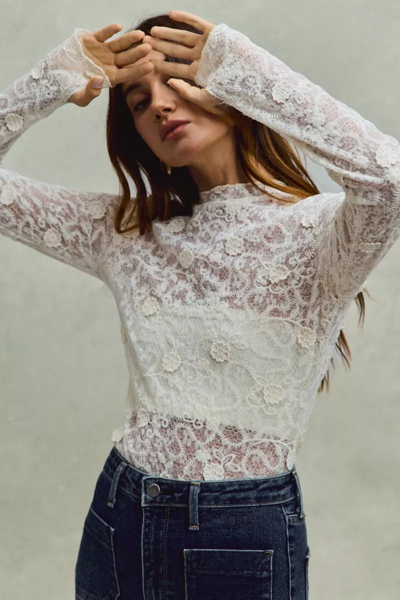 SO ME Lace Long Sleeve 3d Effect Floral Layering Top