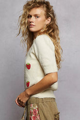 POL Round Neck Strawberry Patch Sweater with Shirring Shoulder