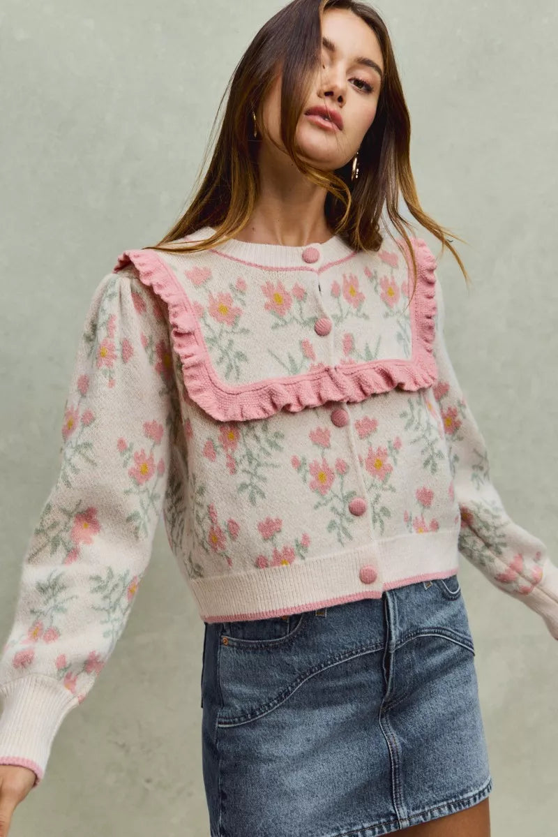 SO ME Flower With Ruffle Detailing Sweater Cardigan