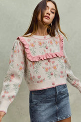 SO ME Flower With Ruffle Detailing Sweater Cardigan