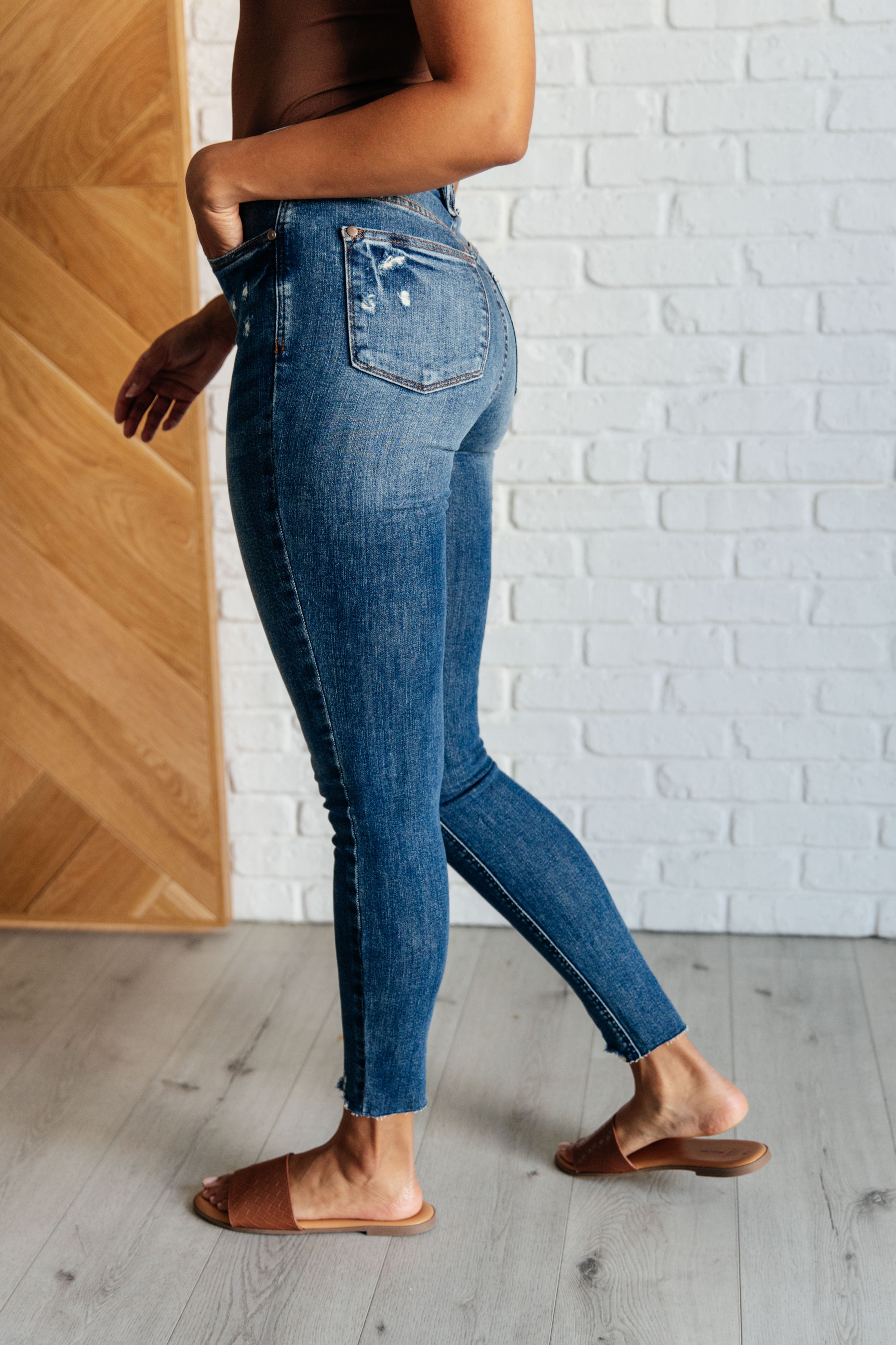 Denim Alba High Rise Control Top Distressed Hem Skinny Jeans