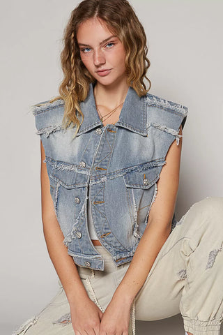 POL Assymetrical Front Closure Raw Hem Denim Vest