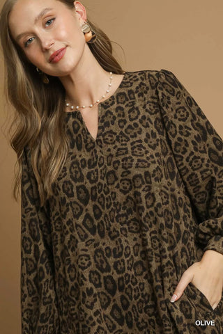 Umgee Leopard Print Long Sleeve Swing Dress
