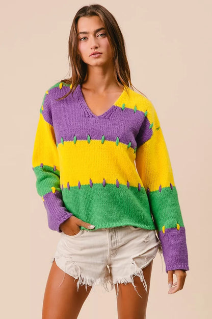 BiBi Stitch Detail Mardi Gras Stripes Sweater