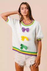 BiBi Short Puff Sleeve Ribbon Bow Mardi Gras Sweater