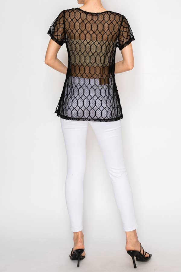 Sheer Lattice Mesh Short Sleeve Blouse – OLS-4868 BK