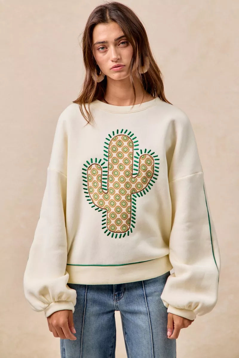 BiBi Cactus Embroidered Fleece Sweatshirt