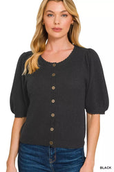 Zenana Puff Sleeve Wool Sweater Cardigan