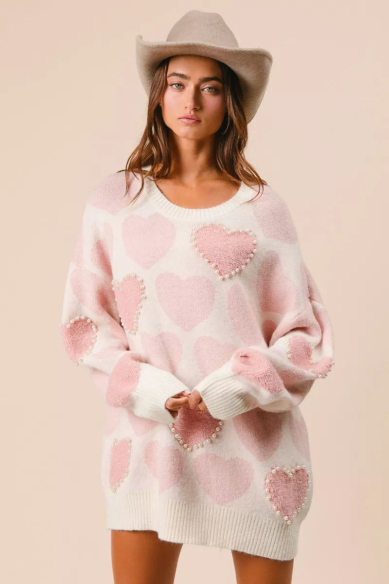 BiBi Heart Pattern Sweater with Pearl Detail